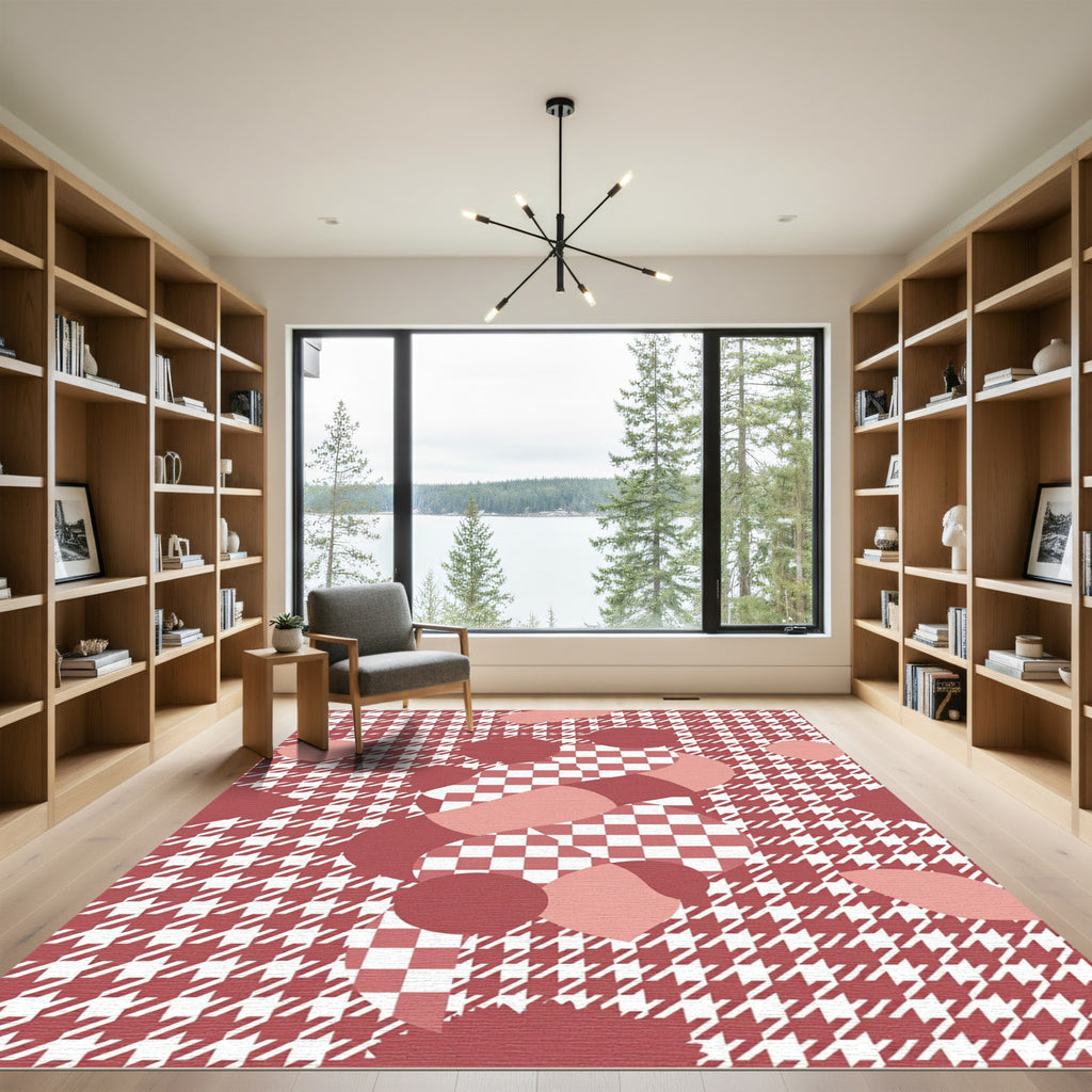 Modern Dusty Rose Houndstooth Checkered Art Rug