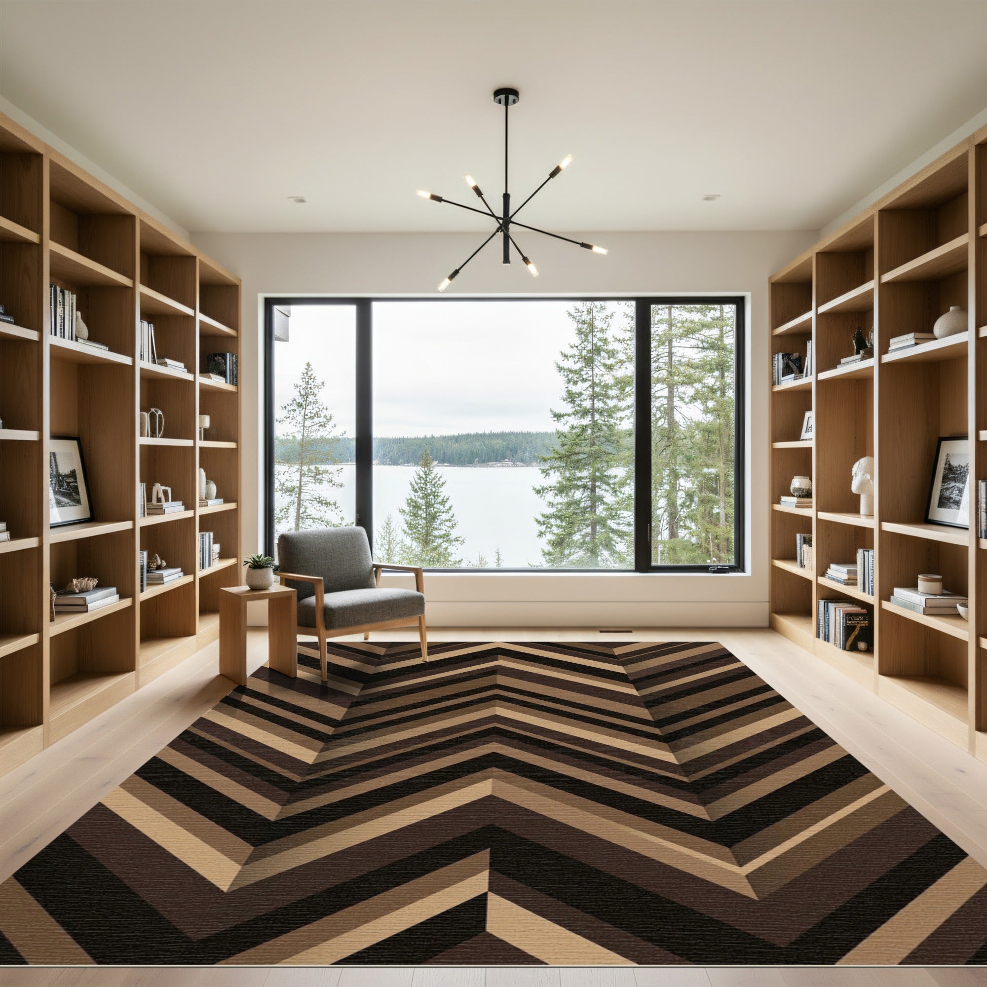 Modern Bronze Geometric Chevron Stripe Rug
