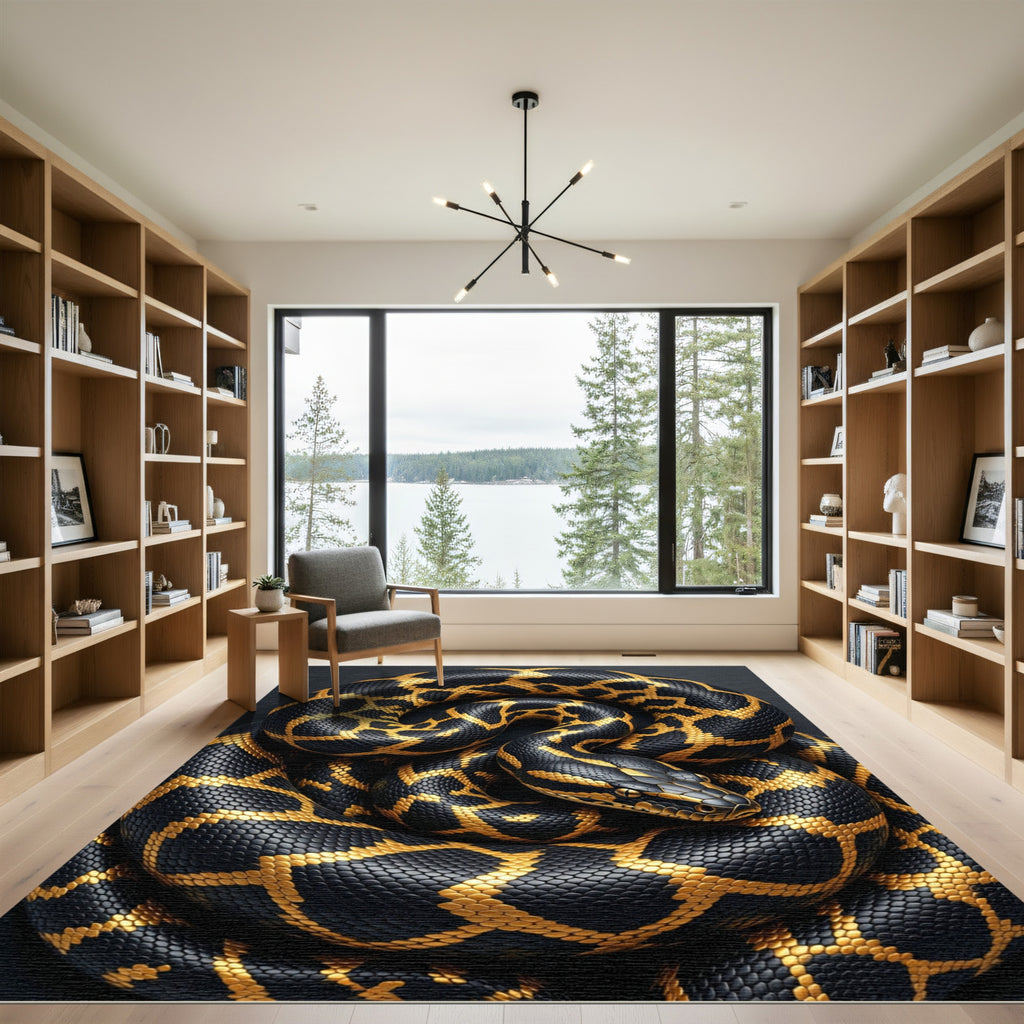 Golden Serpent Coil Obsidian Black Shimmer Rug