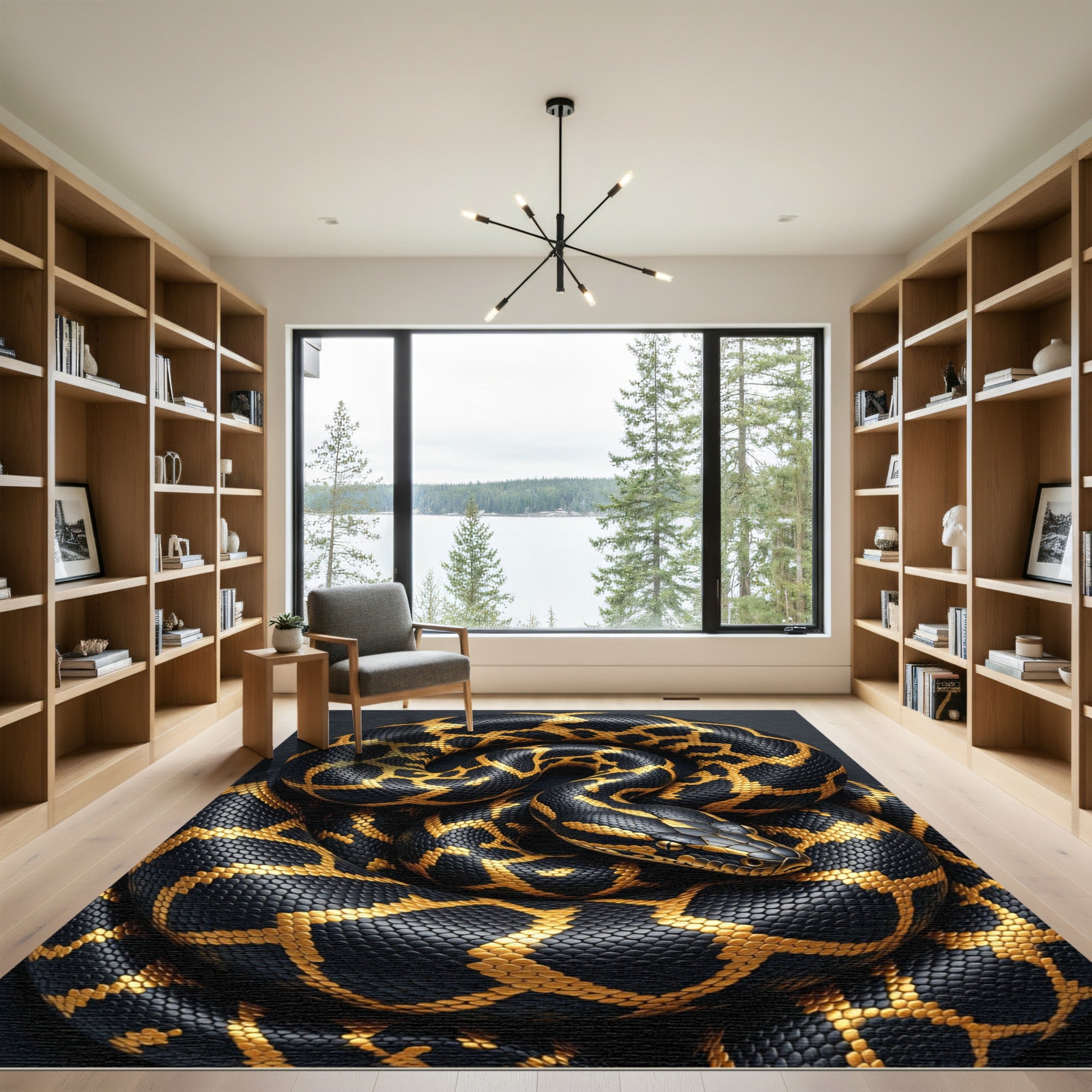 Golden Serpent Coil Obsidian Black Shimmer Rug