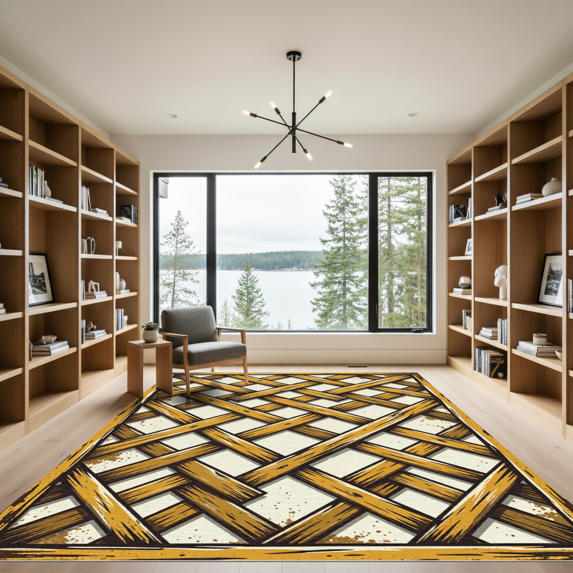 Rustic Woven Bamboo Lattice Pattern Rug