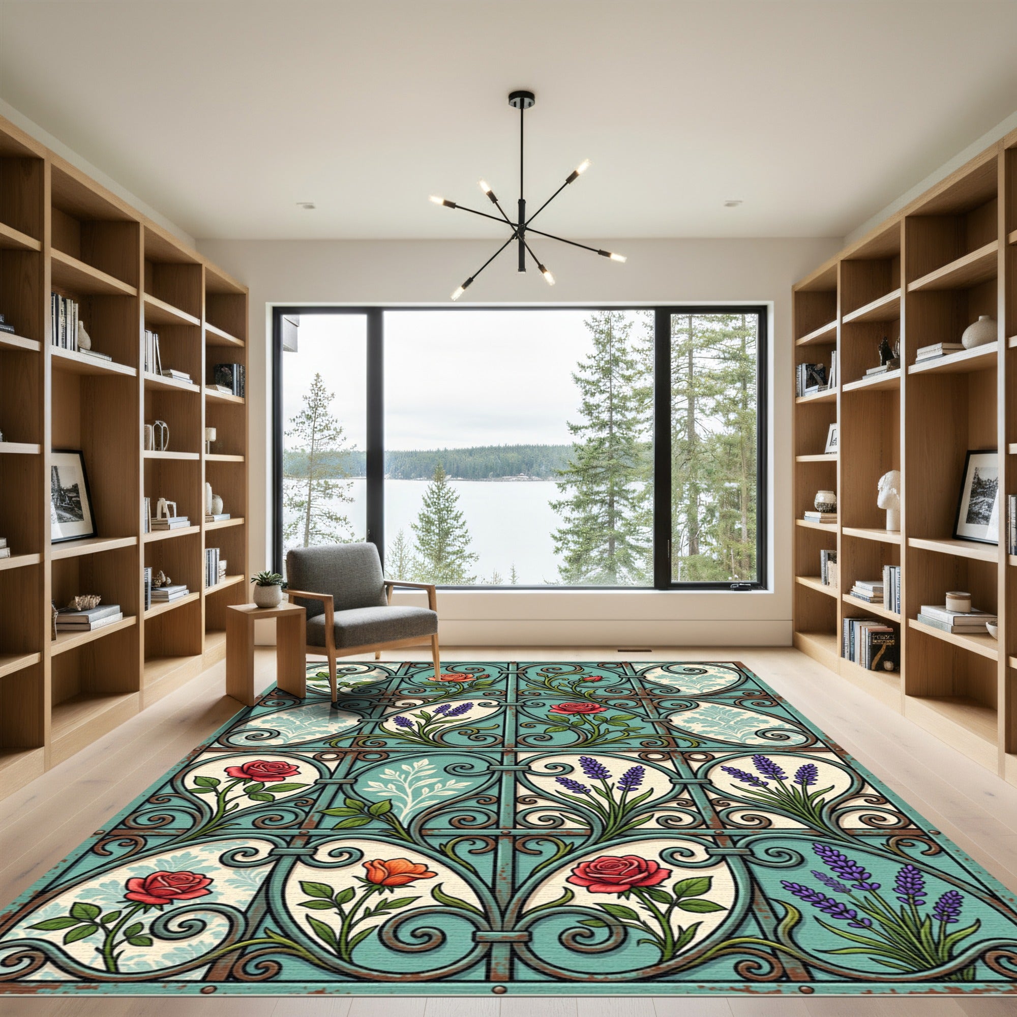 Vintage Teal Wrought Iron Floral Garden Rug