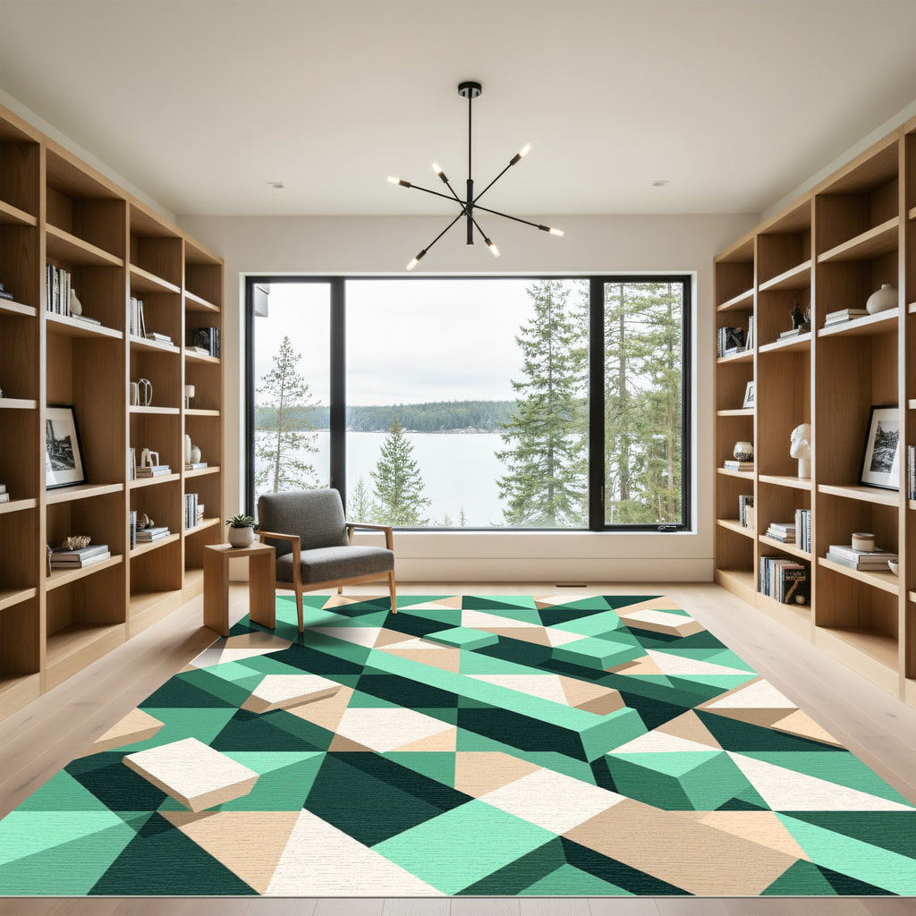 Mint Green Geometric Cube Illusion Rug