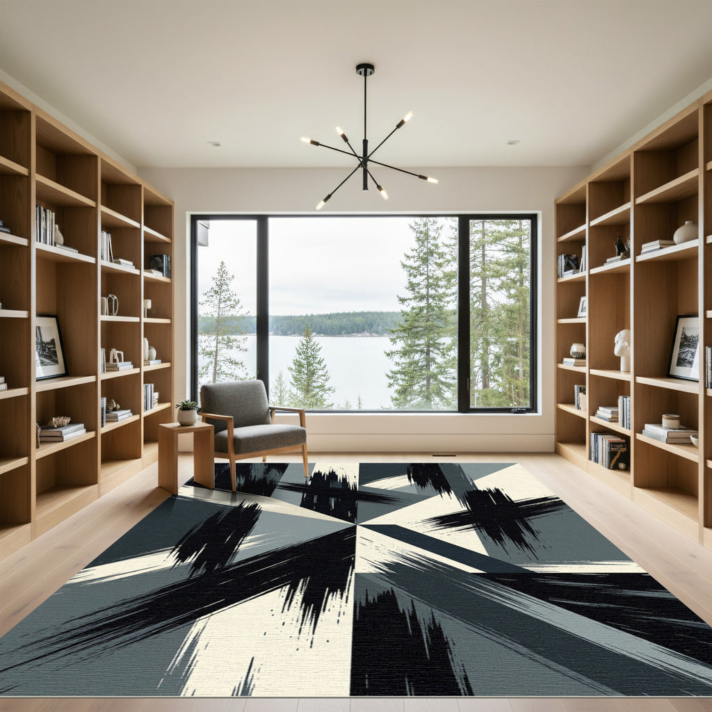 Modern Black White Geometric Brushstroke Rug