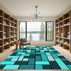 Modern Cyan Geometric Block Mosaic Rug