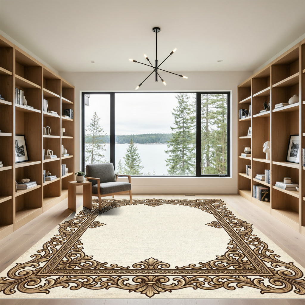 Ornate Gold Scrolling Acanthus Leaf Frame Rug