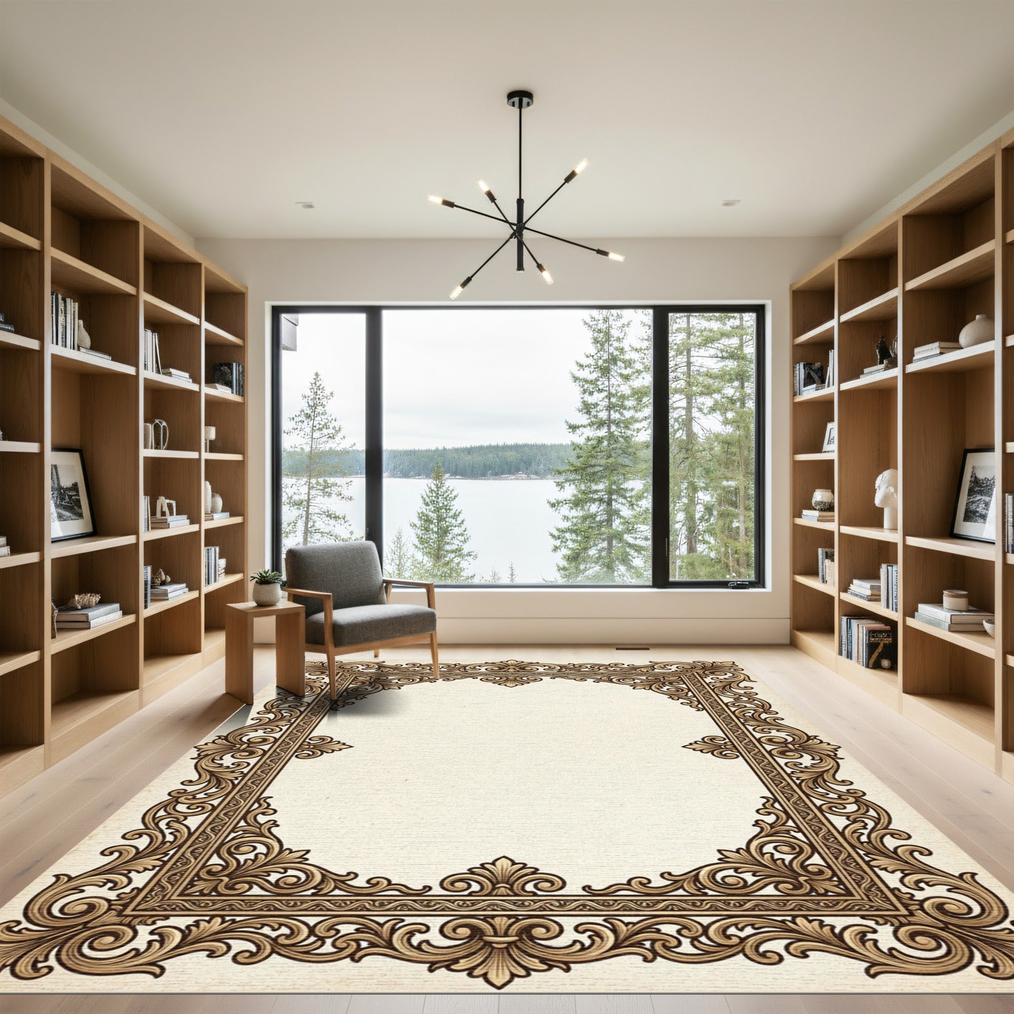 Ornate Gold Scrolling Acanthus Leaf Frame Rug