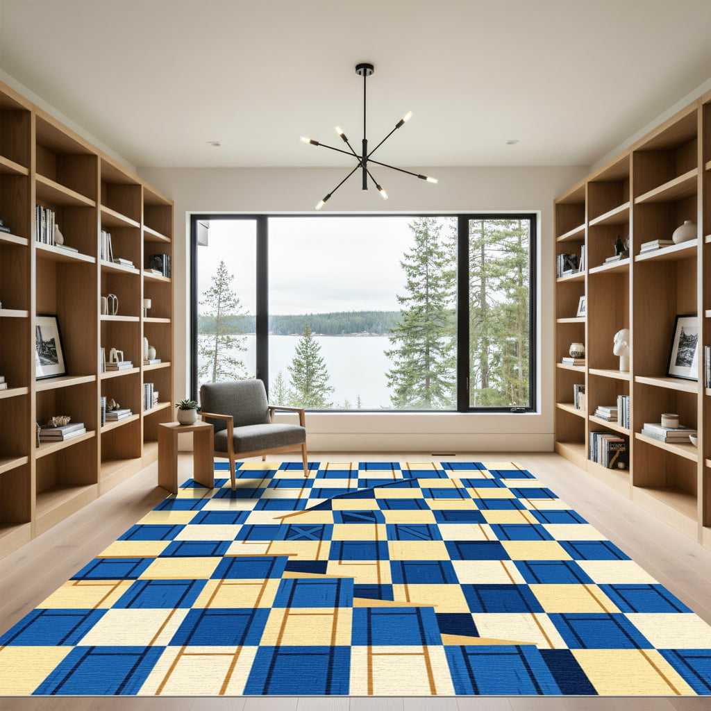 Geometric Navy and Cream Checked Abstract Rug