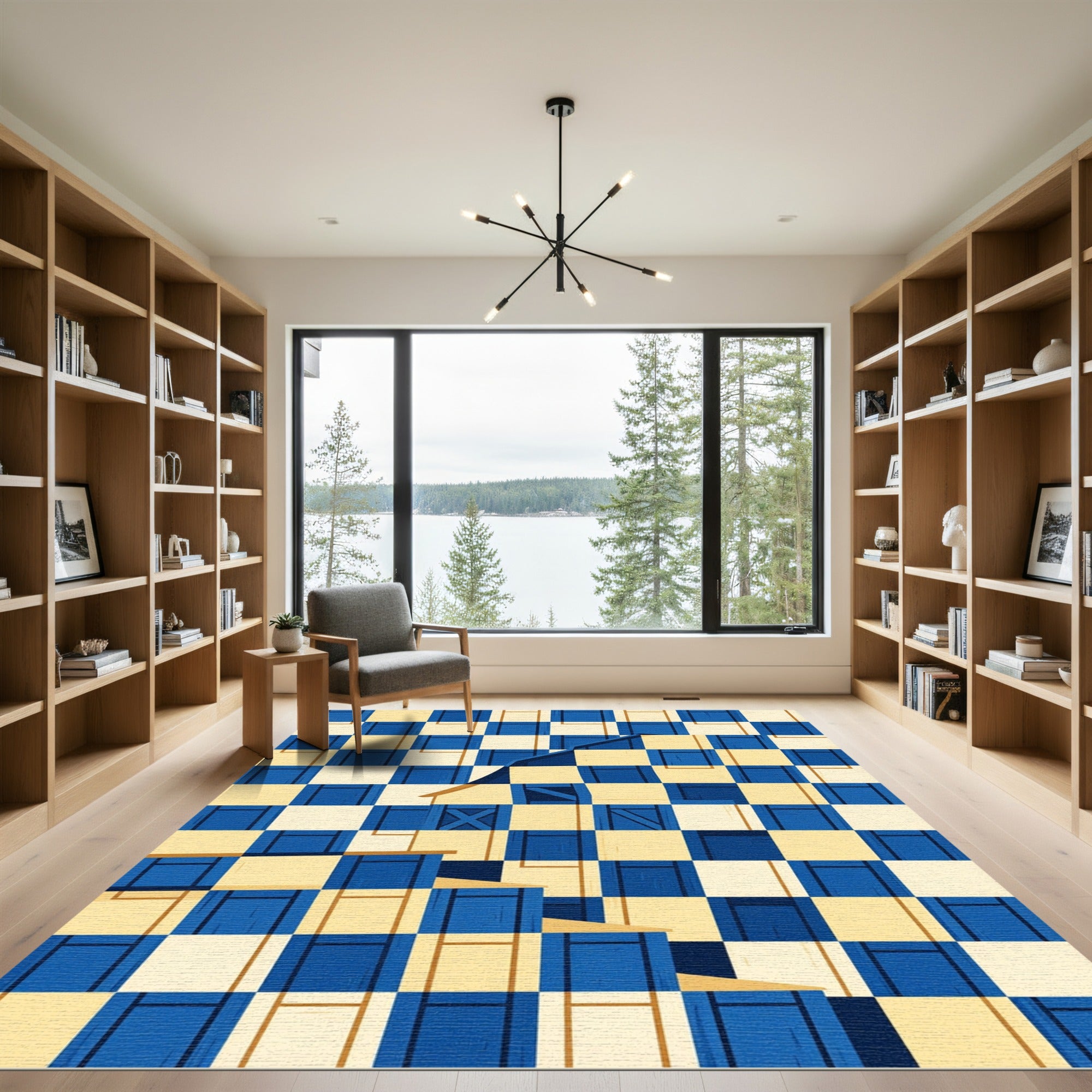 Geometric Navy and Cream Checked Abstract Rug
