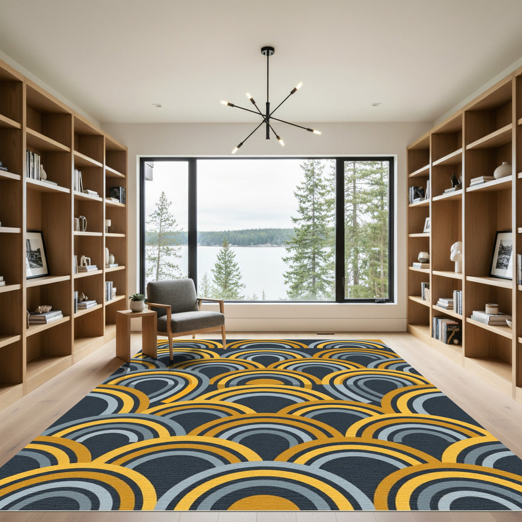 Golden Grey Abstract Arc Composition Rug