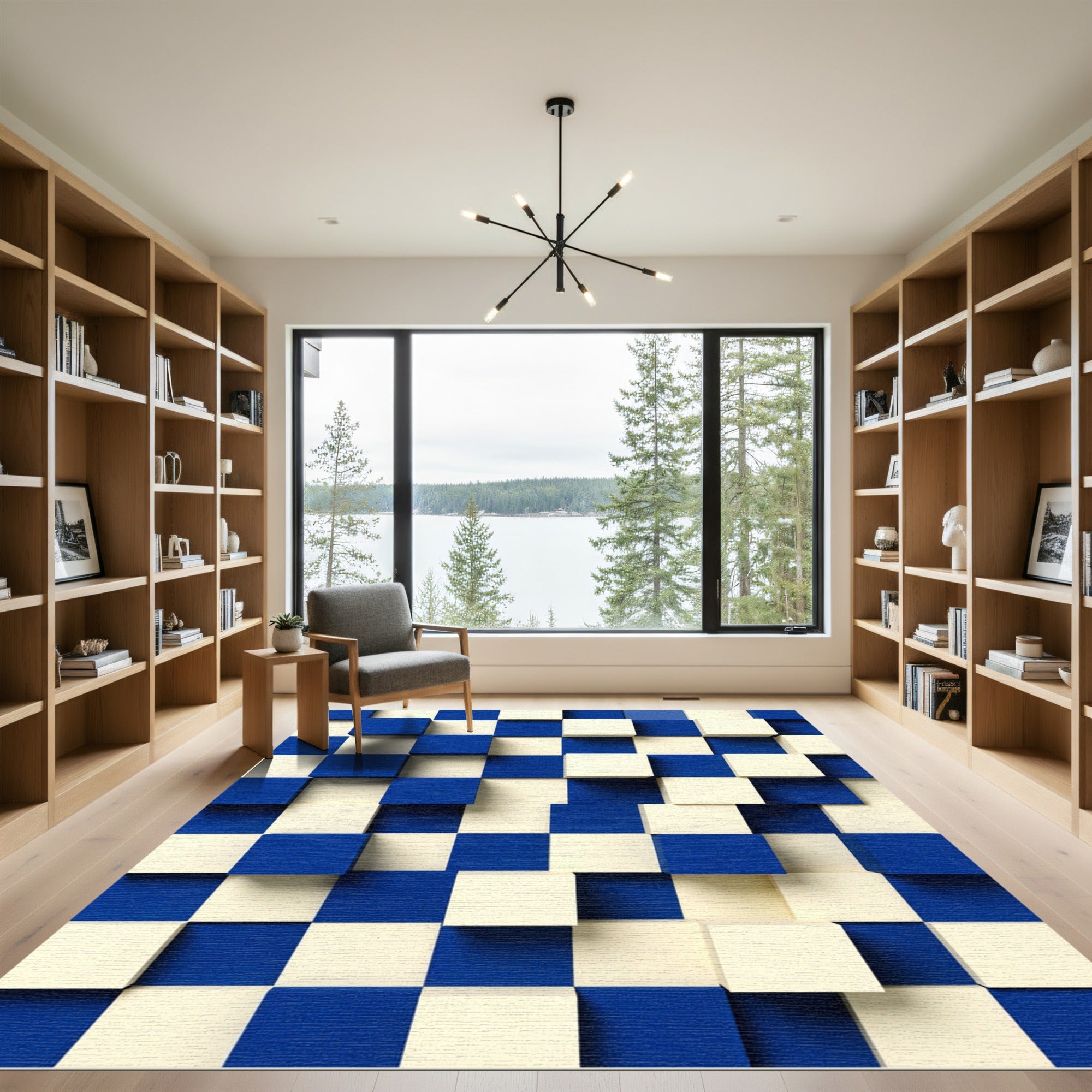 Blue Cream Dimensional Cube Composition Rug