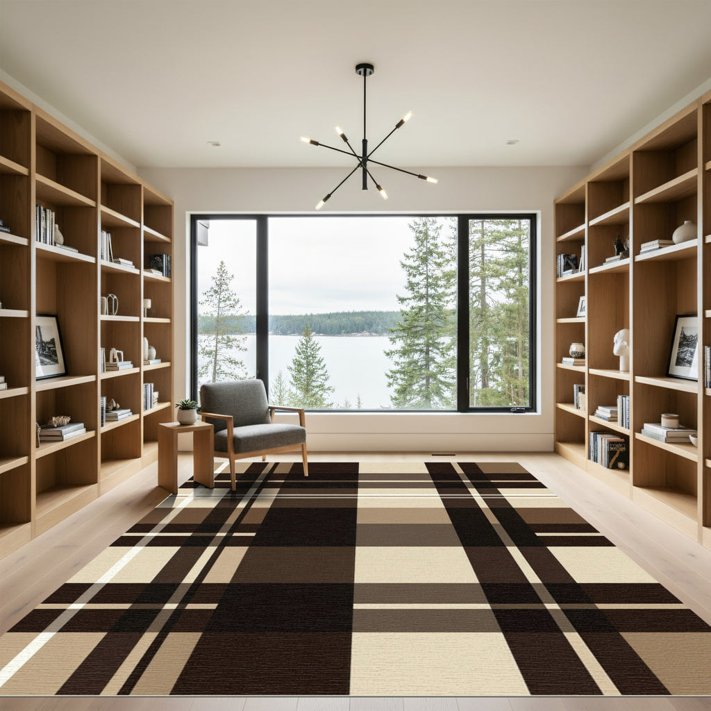Modern Espresso and Cream Plaid Rug