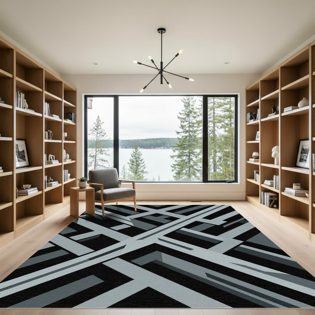 Modern Grey Geometric Interlocking Abstract Lines Rug