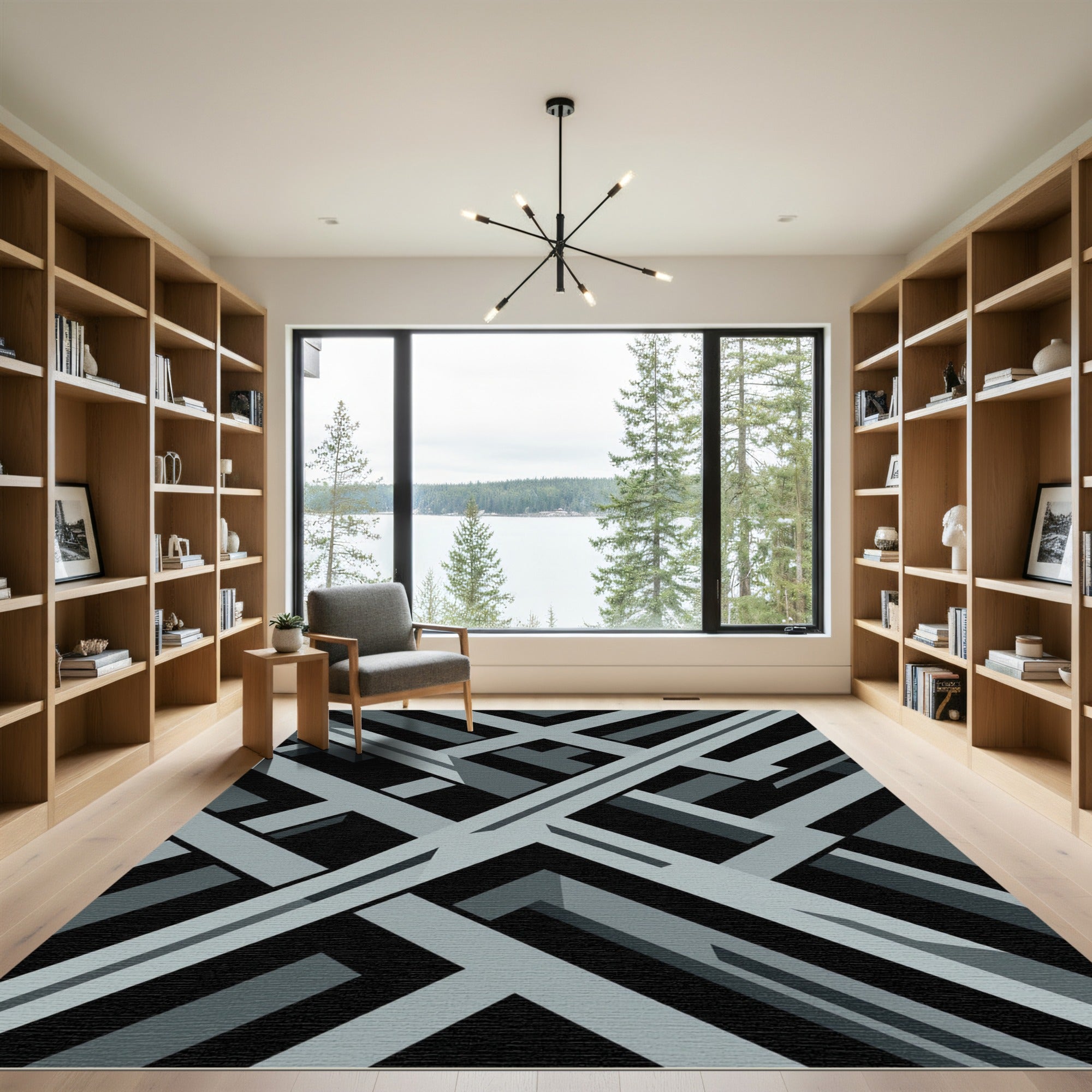 Modern Grey Geometric Interlocking Abstract Lines Rug
