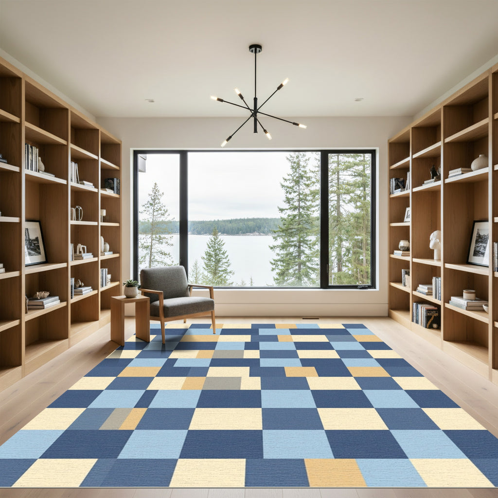 Geometric Blue and Amber Checkerboard Grid Rug