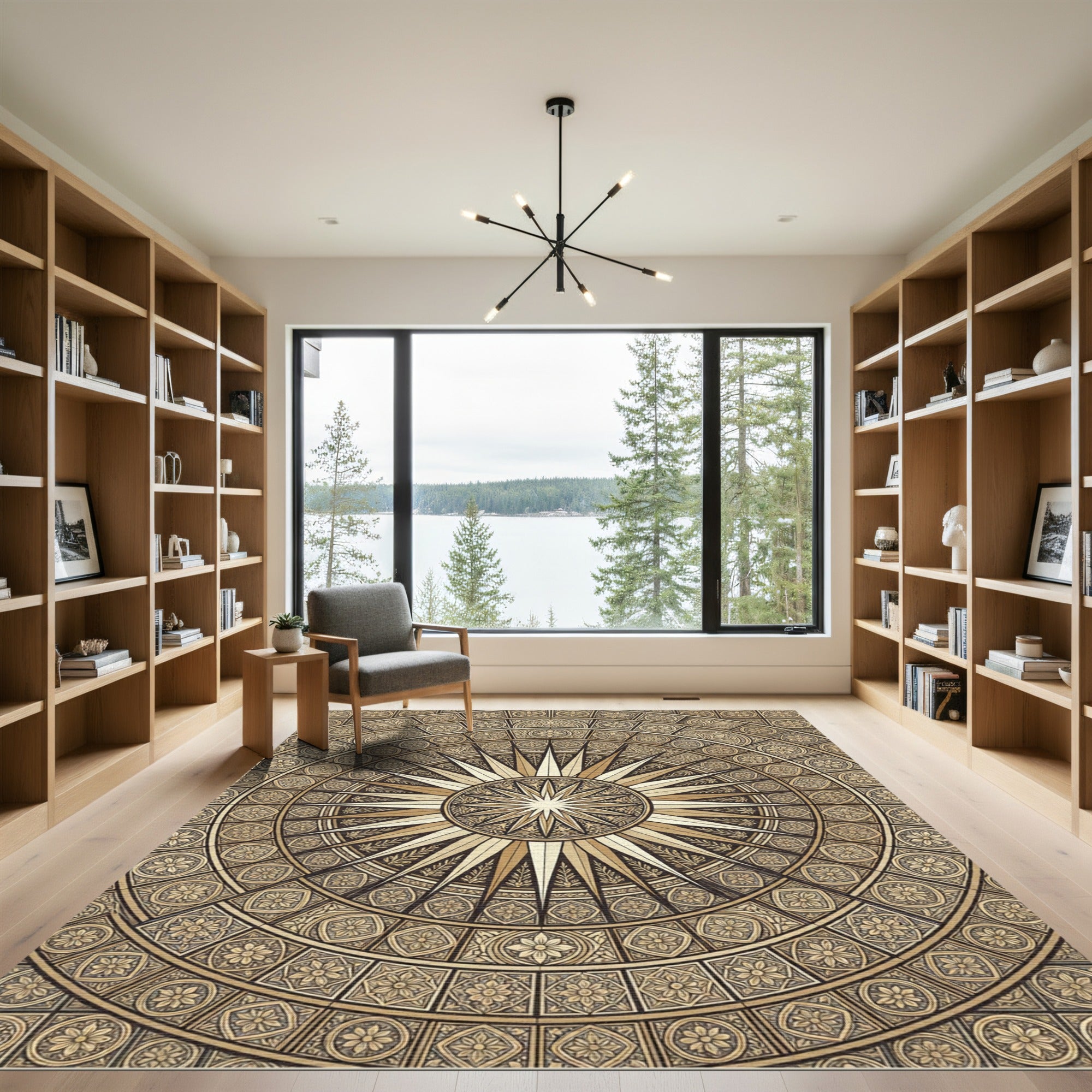 Golden Sunburst Medallion Circular Tile Rug