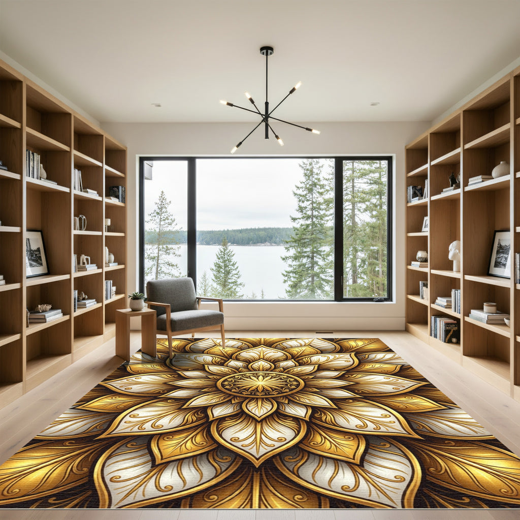 Golden White Detailed Floral Mandala Rug