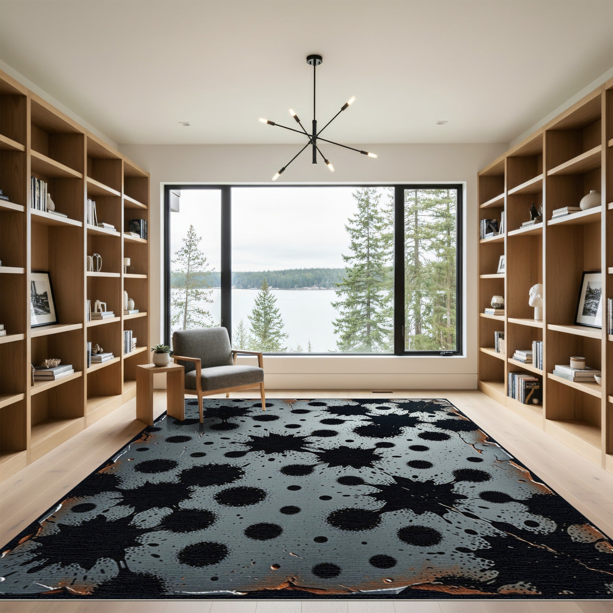 Grungy Black Splatter Metallic Surface Rug