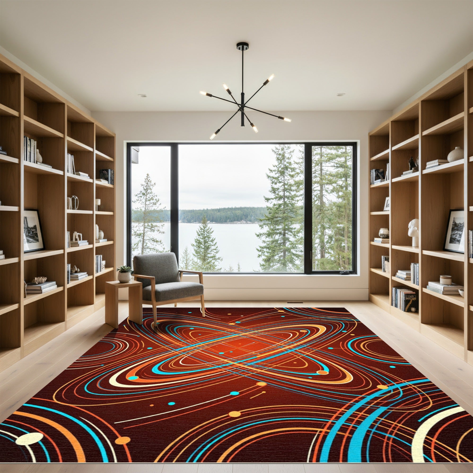 Vibrant Orange Blue Swirl Orbit Rug