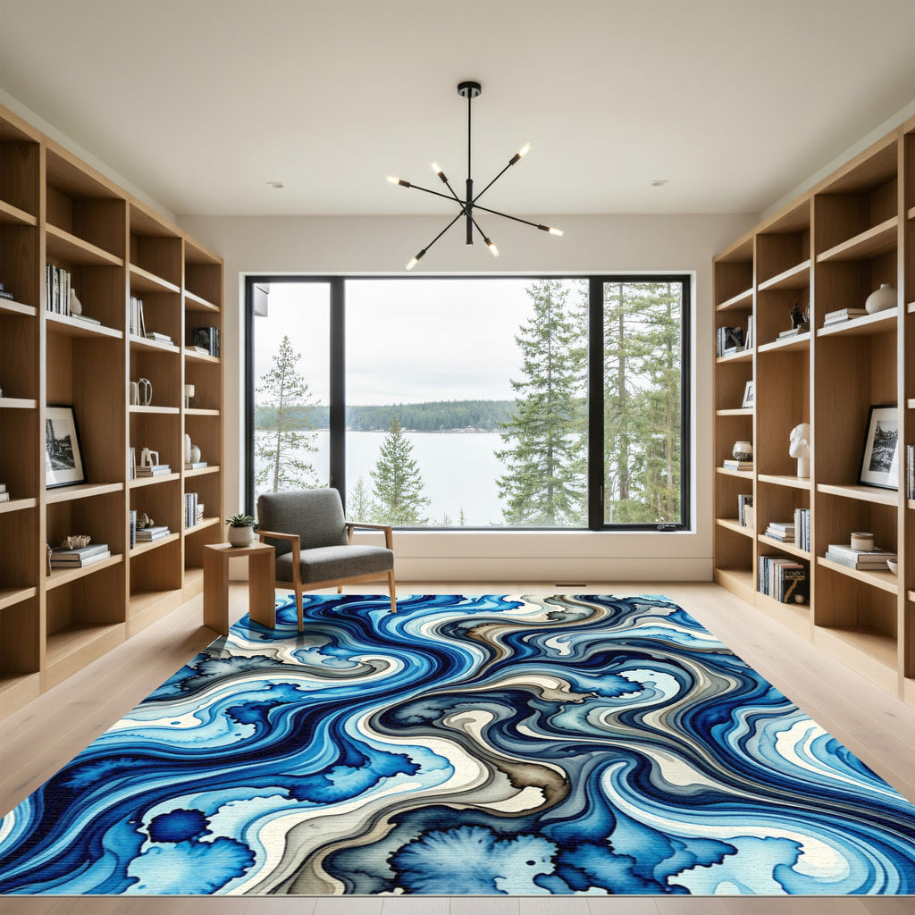 Ethereal Blue Liquid Marble Swirl Rug