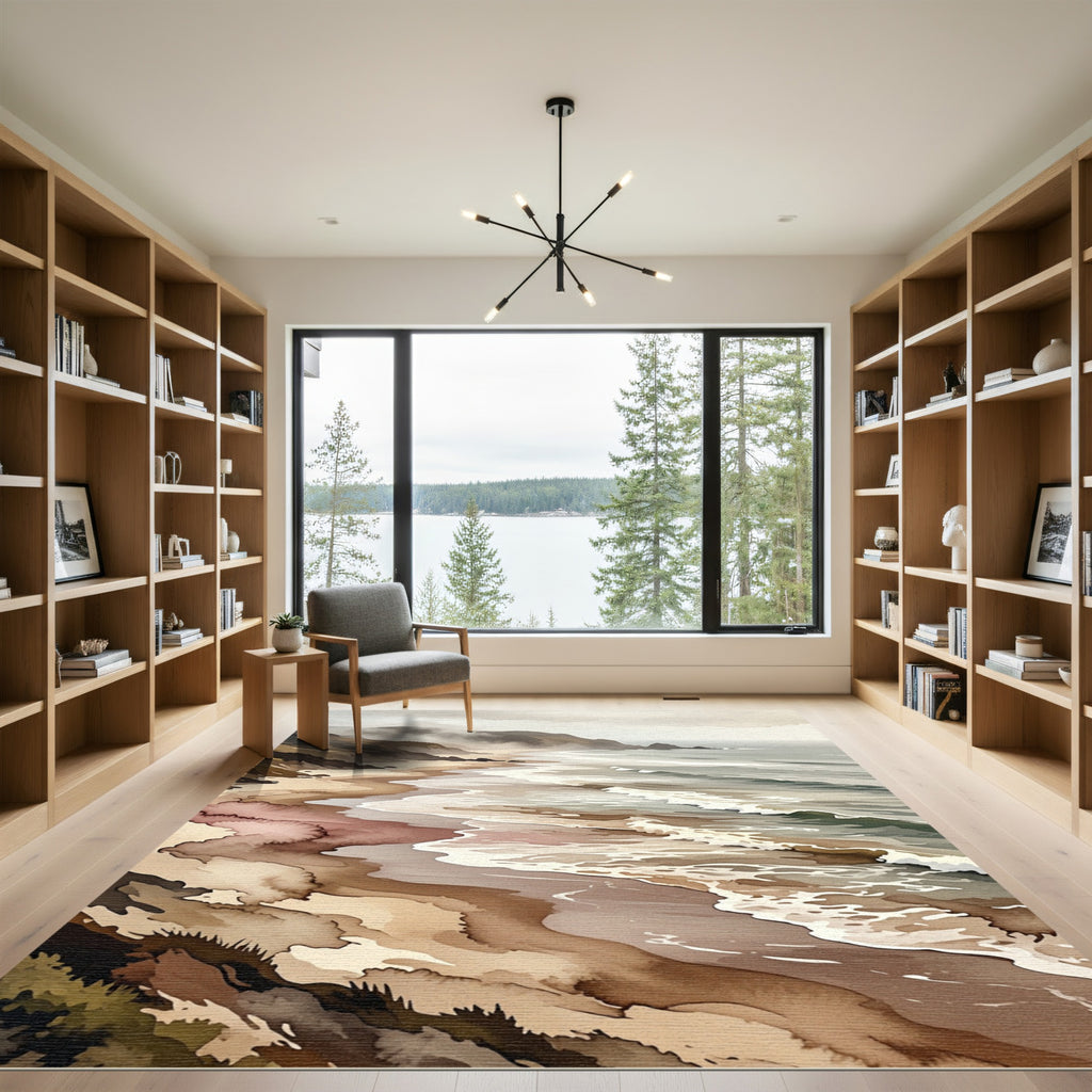 Misty Coastal Shoreline Watercolor Landscape Rug