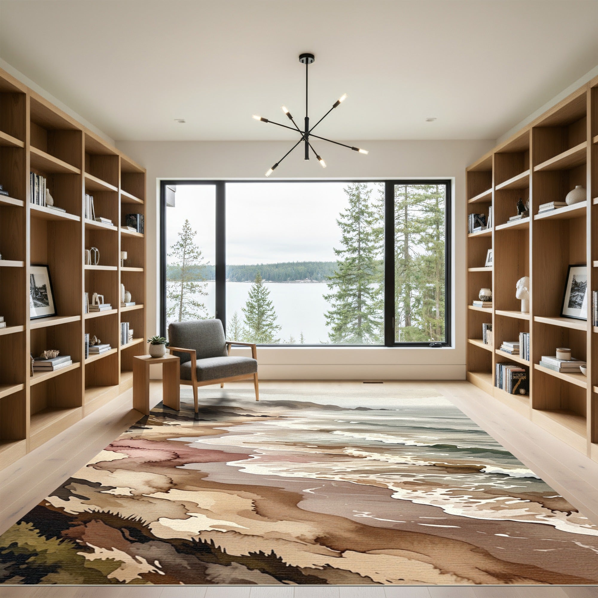 Misty Coastal Shoreline Watercolor Landscape Rug