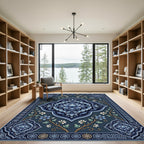 Elegant Navy Blue Floral Lotus Medallion Rug