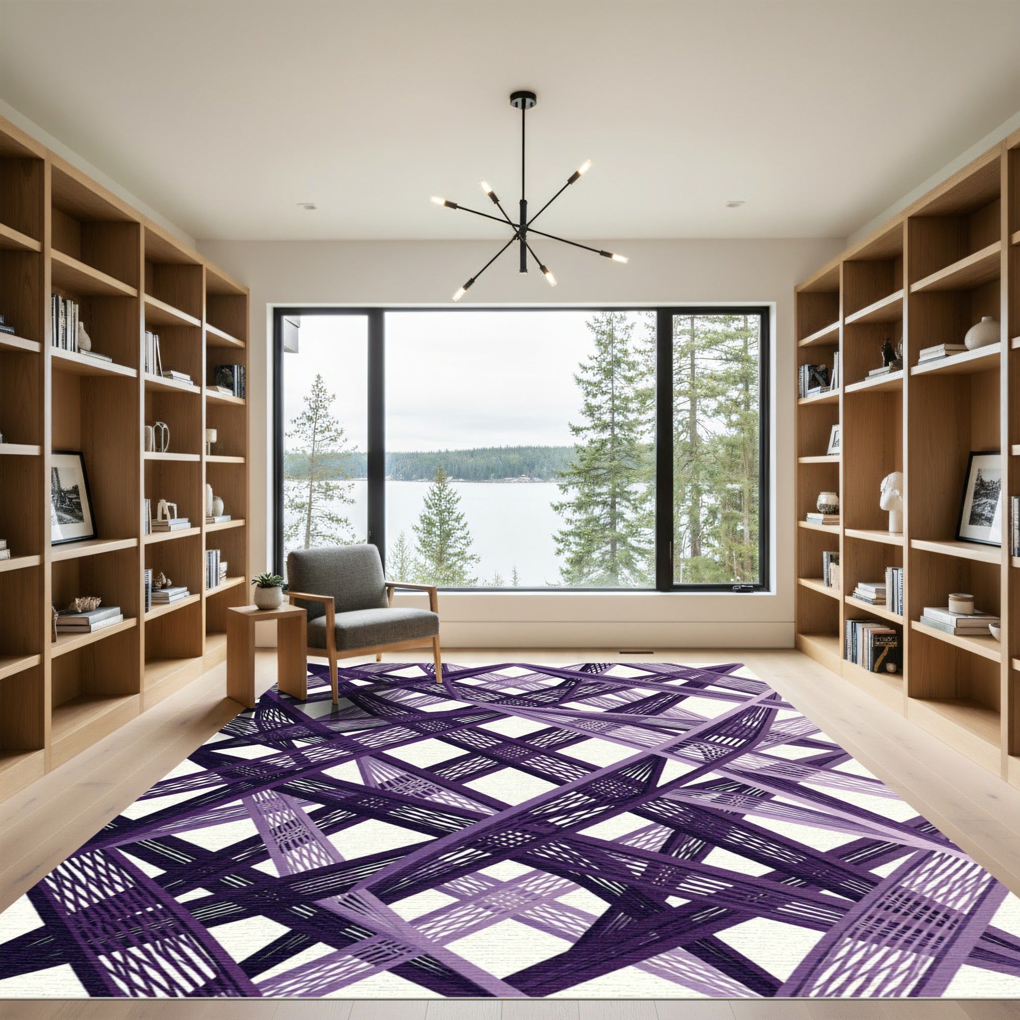 Geometric Violet Interlocking Linear Grid Rug