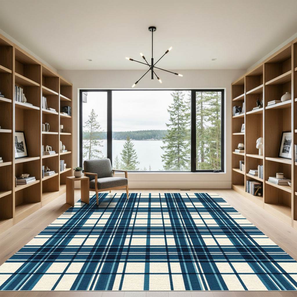 Navy Blue Classic Plaid Tartan Rug