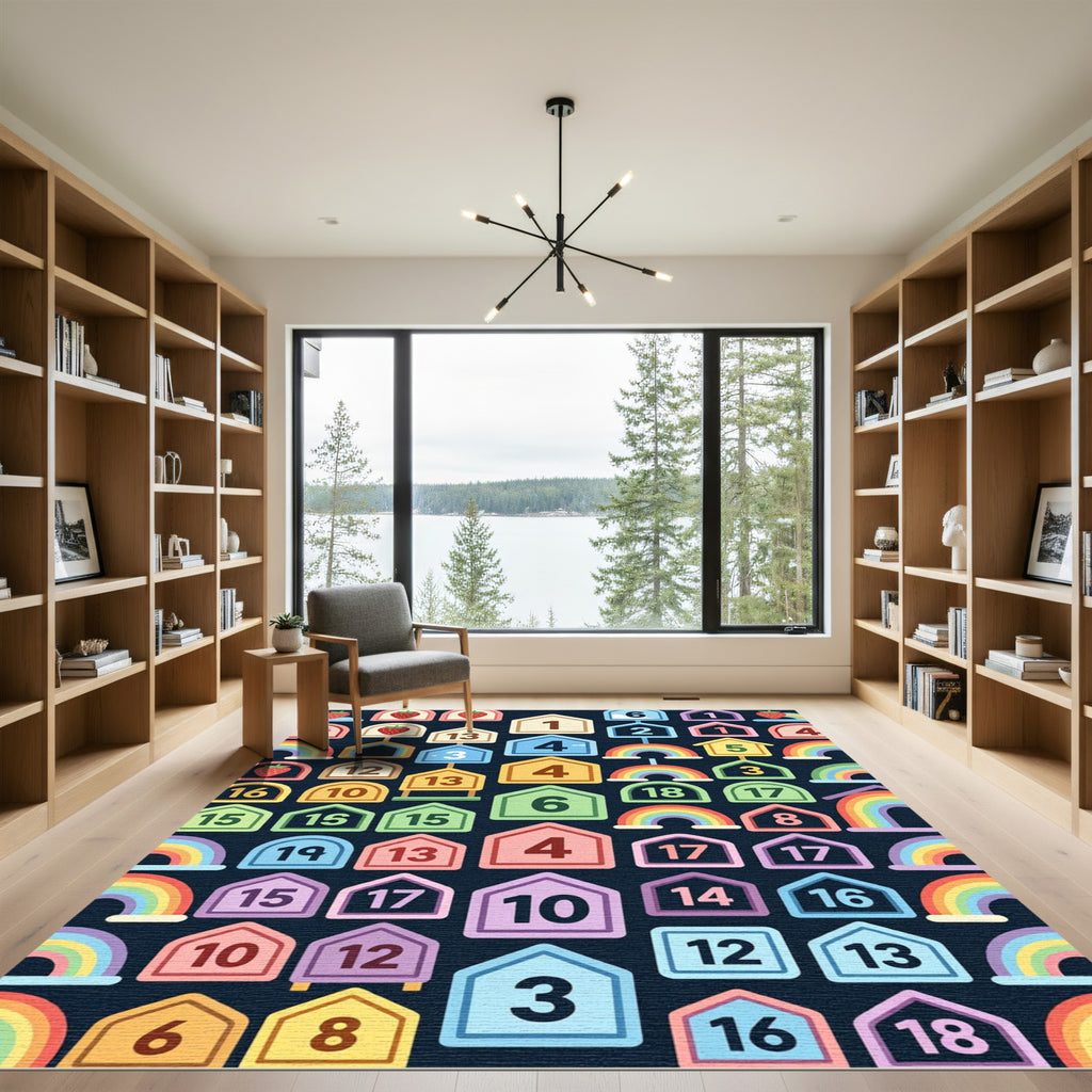 Whimsical Rainbow House and Strawberry Grid Rug