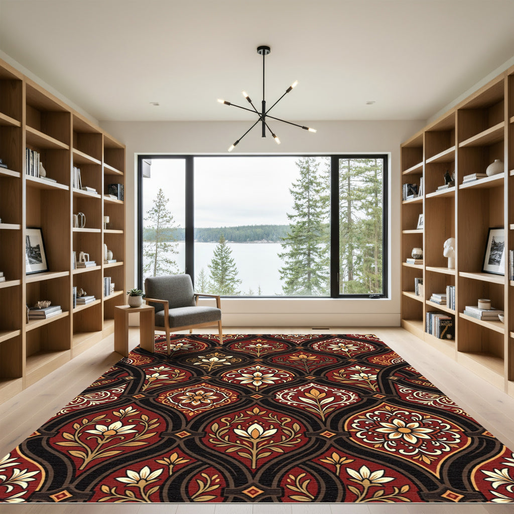 Ornate Crimson Floral Damask Scroll Rug