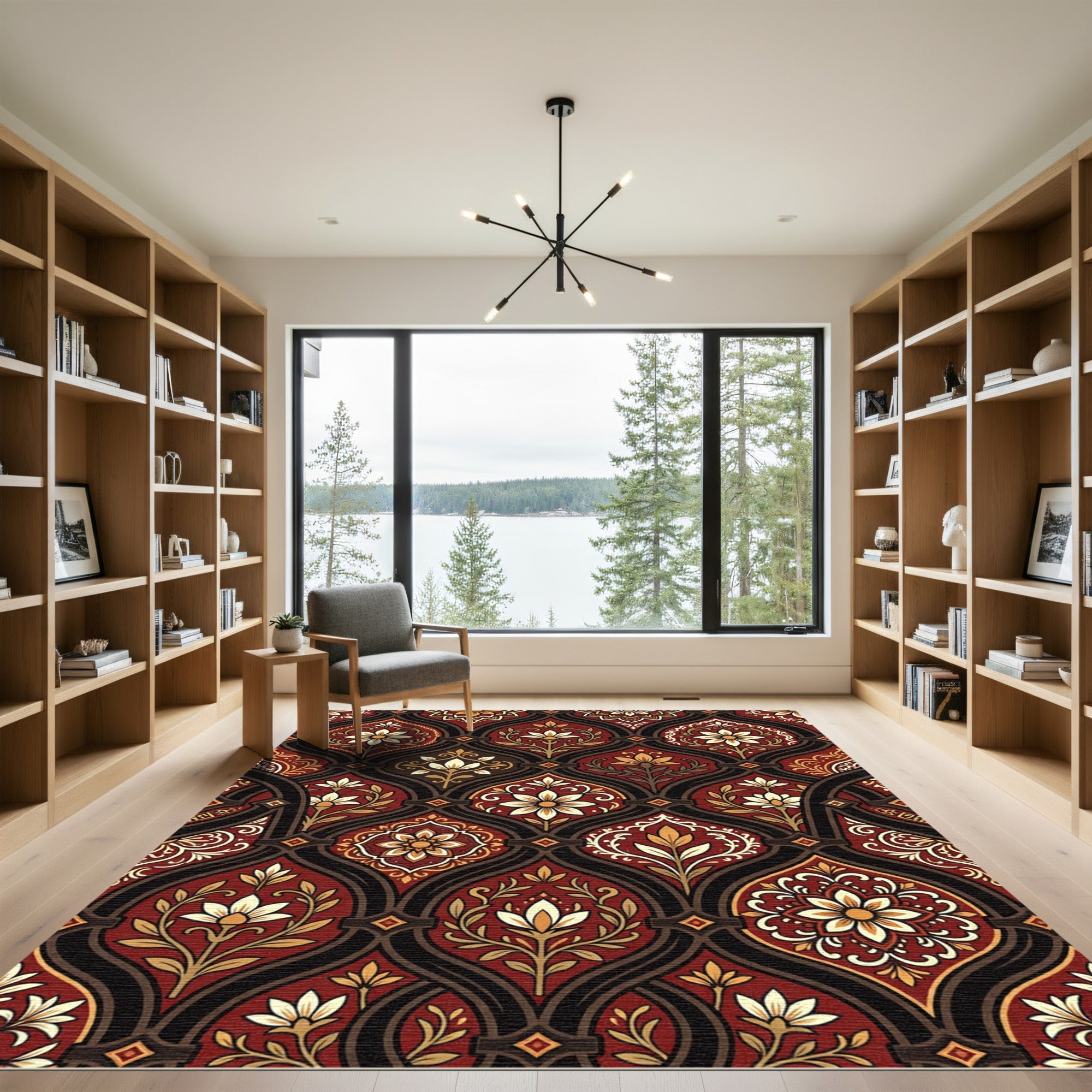 Ornate Crimson Floral Damask Scroll Rug
