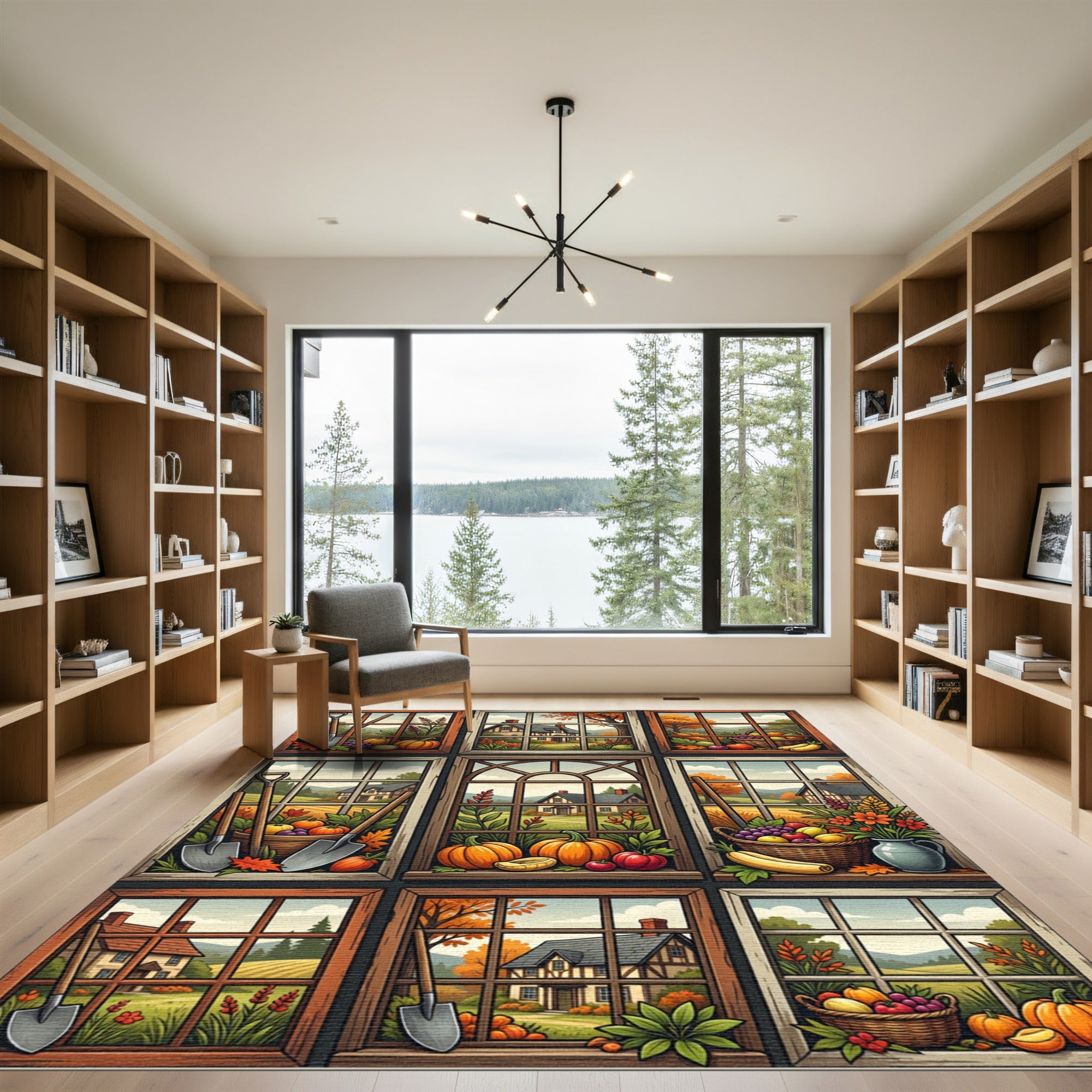 Autumn Harvest Window Landscape Grid Rug