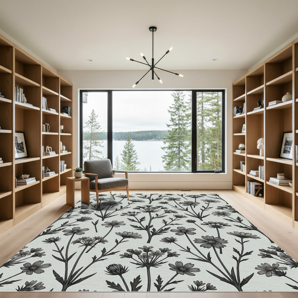 Monochrome Floral Botanical Field Rug