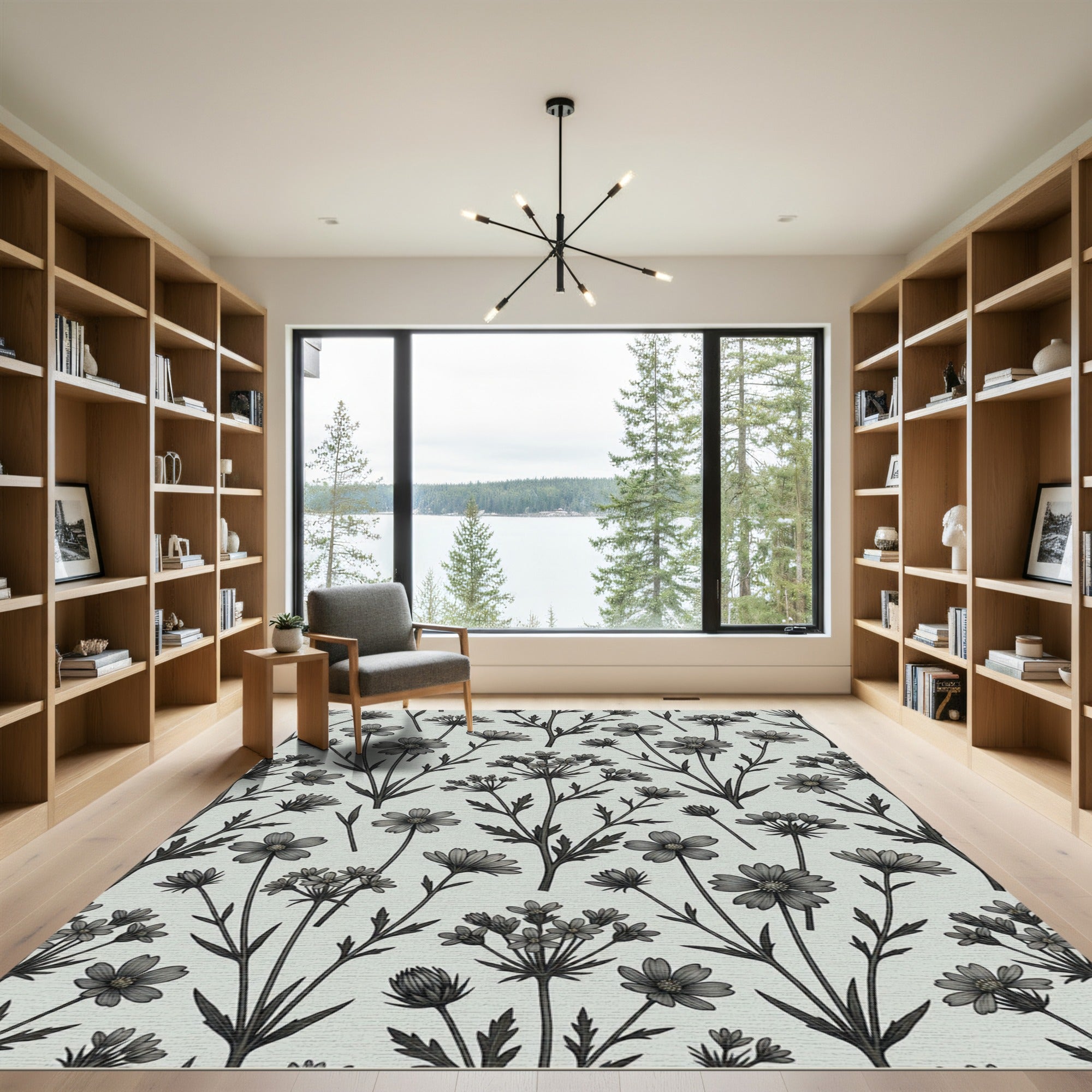 Monochrome Floral Botanical Field Rug