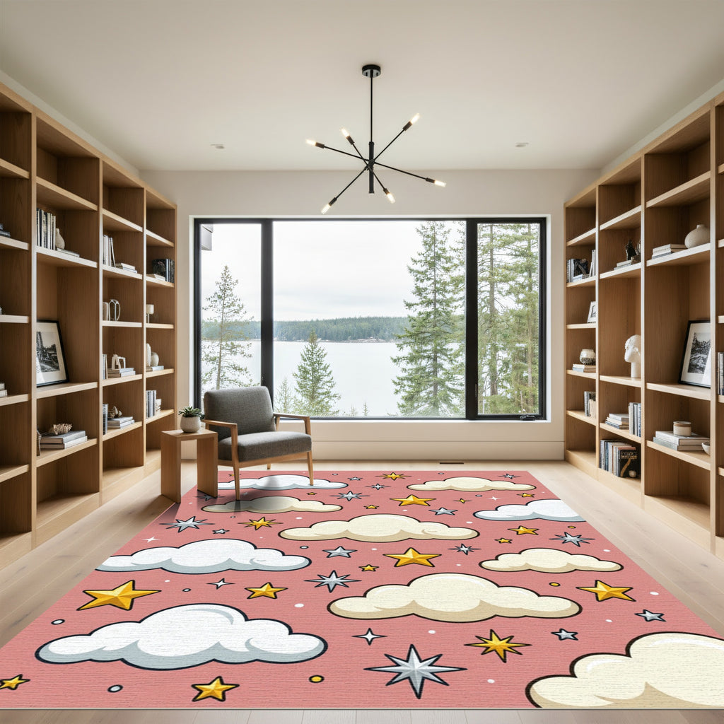 Whimsical Blush Pink Clouds and Stars Rug