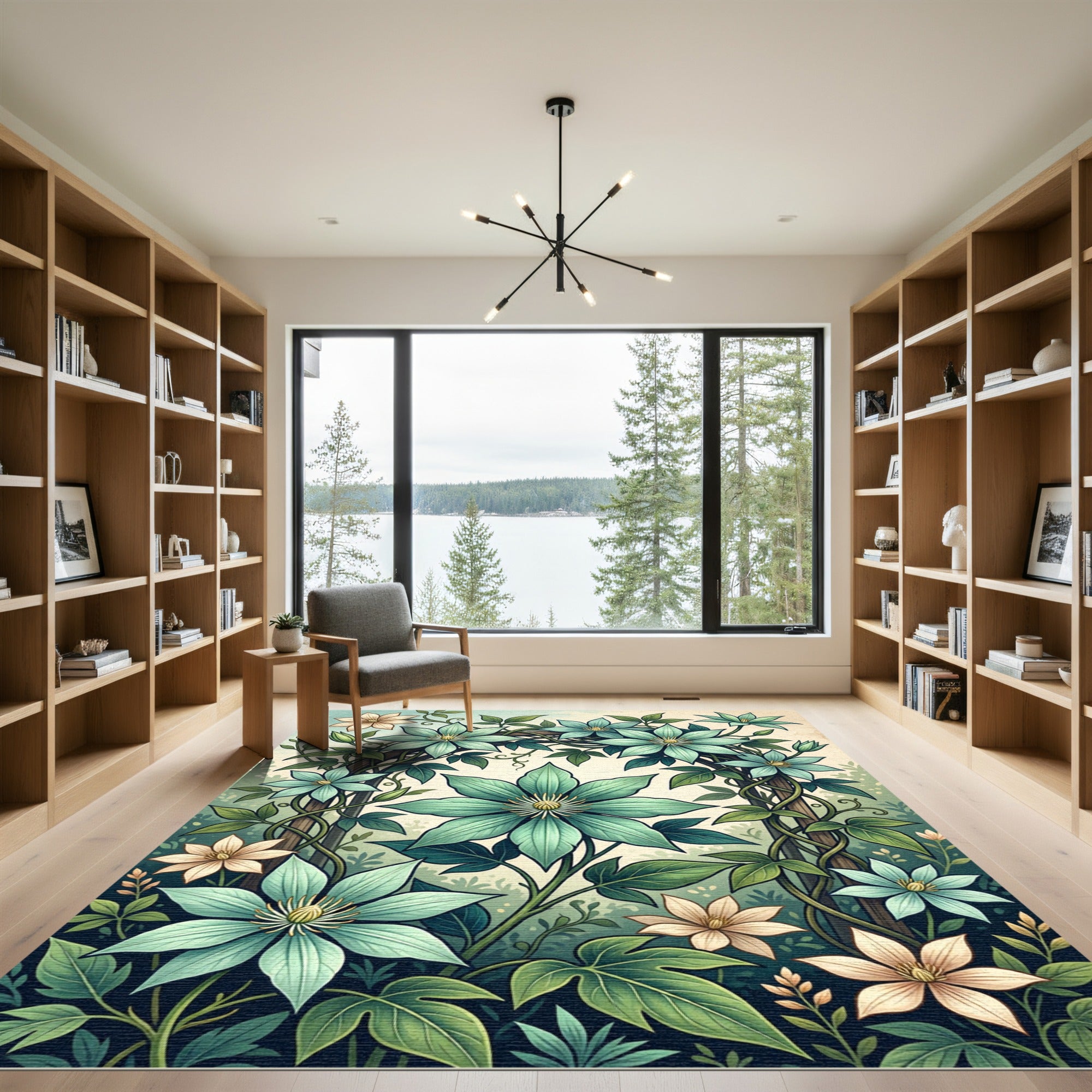 Botanical Teal Clematis Vine Garden Rug