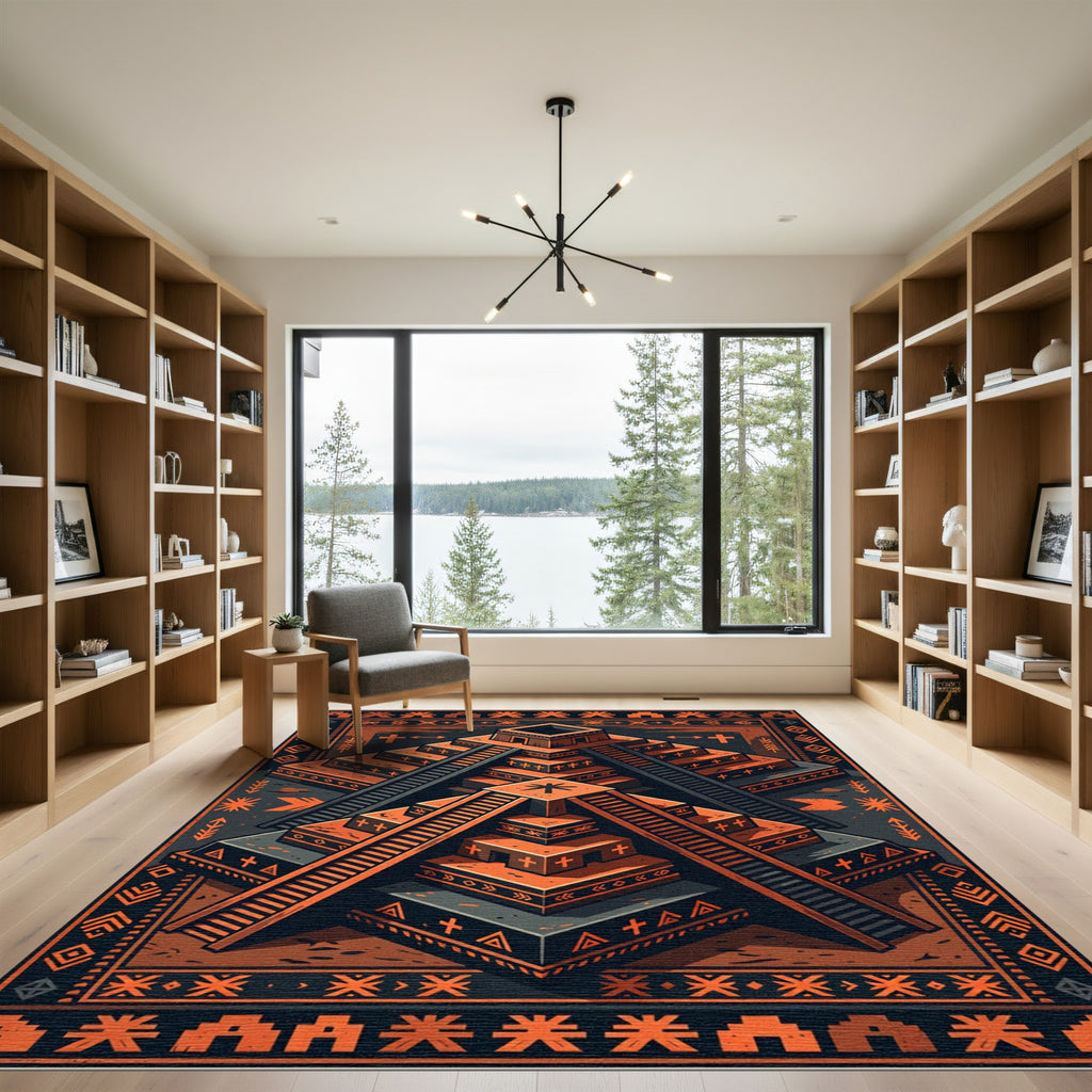 Geometric Aztec Terracotta Step Pyramid Art Rug