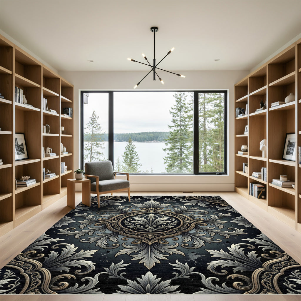Elegant Charcoal Silver Damask Scroll Medallion Rug