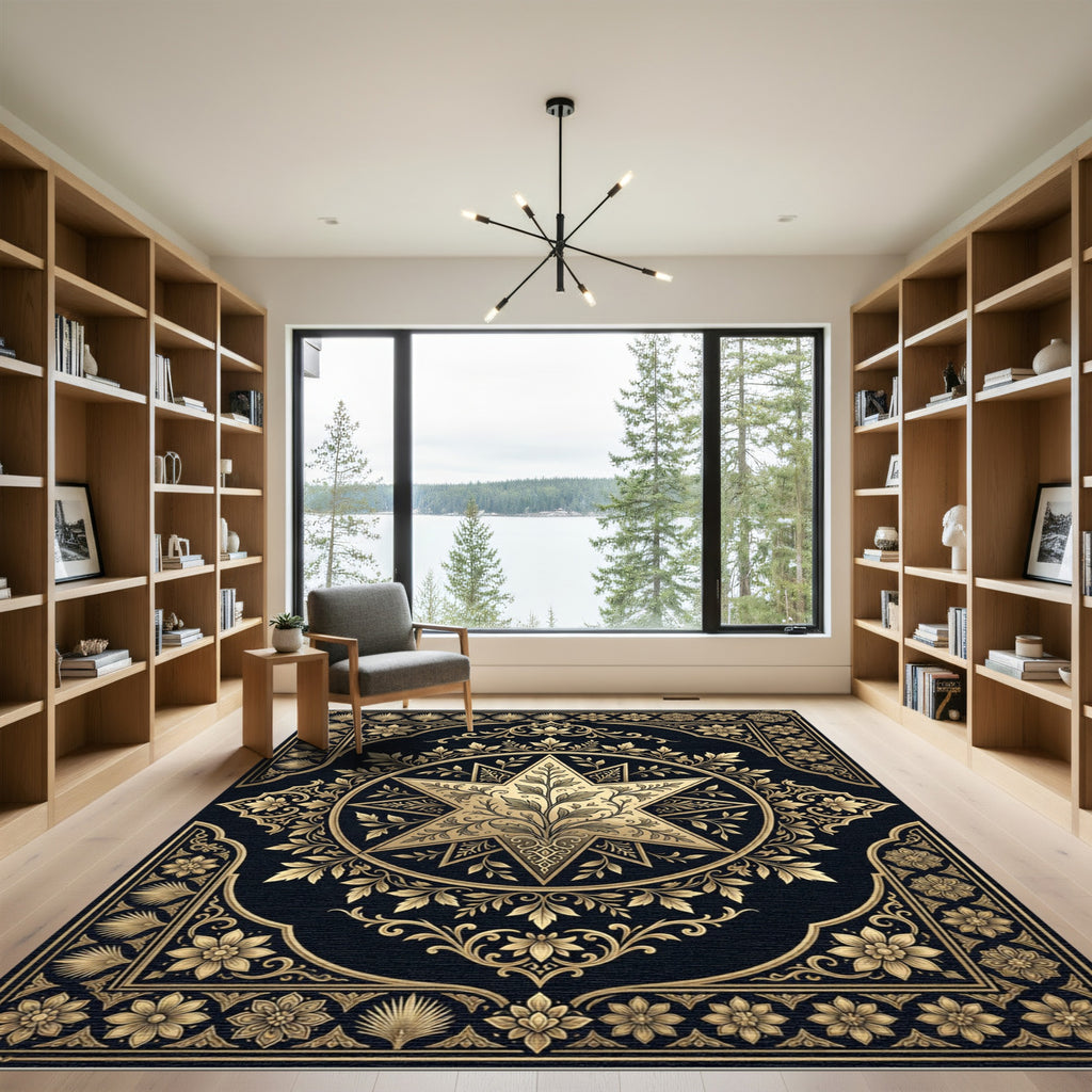 Elegant Golden Star Floral Medallion Rug