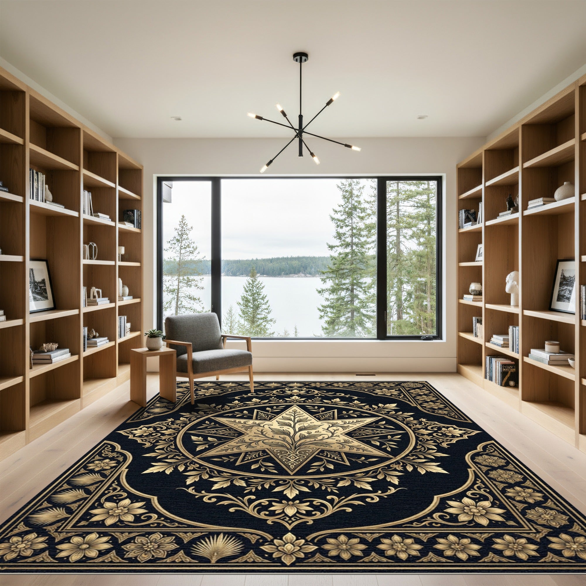 Elegant Golden Star Floral Medallion Rug