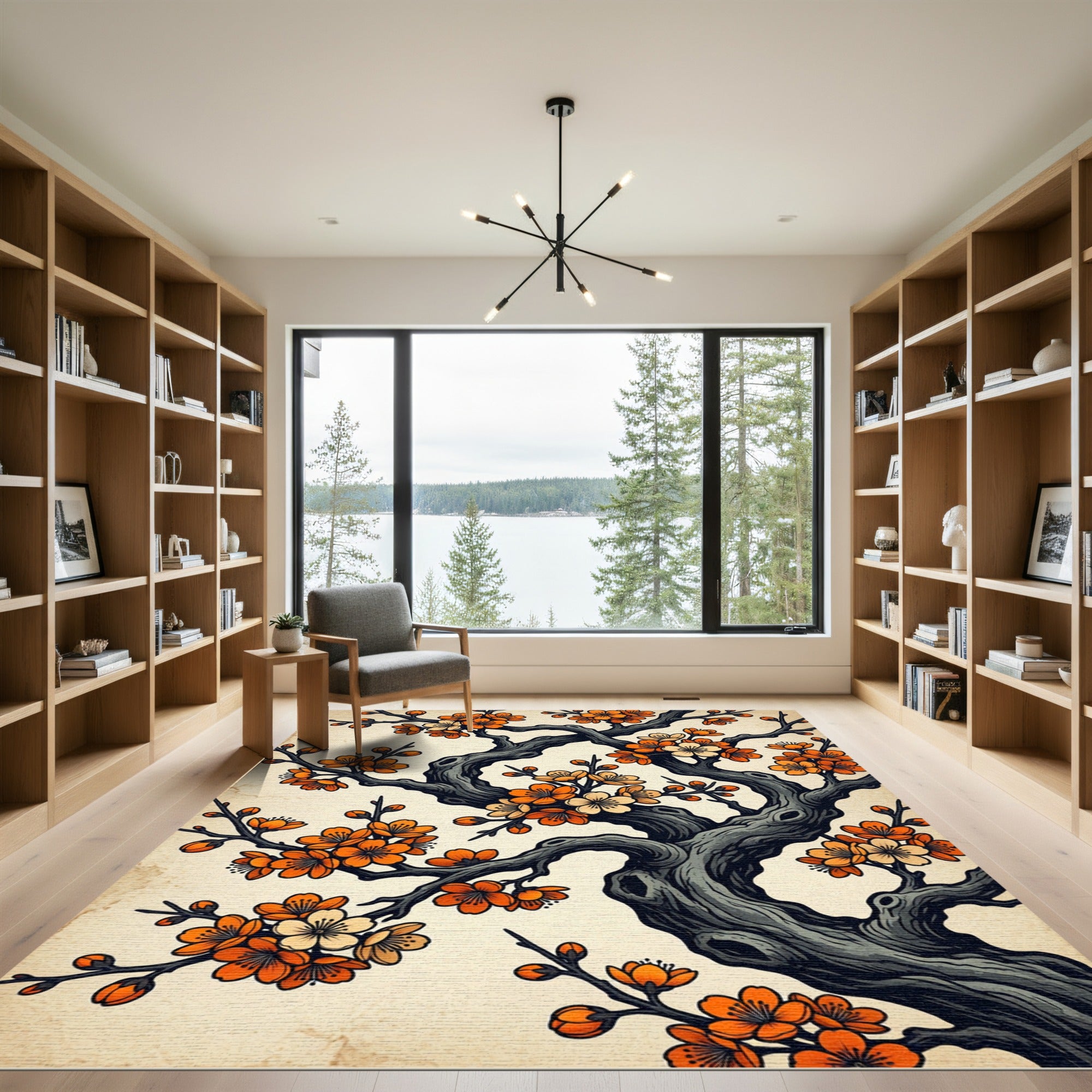 Vibrant Orange Cherry Blossom Branches Rug