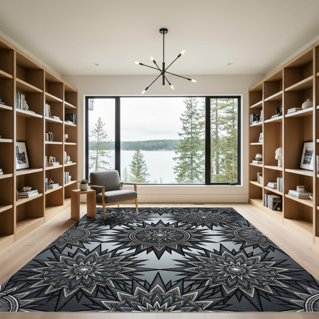 Monochromatic Celestial Starburst Geometric Tile Rug