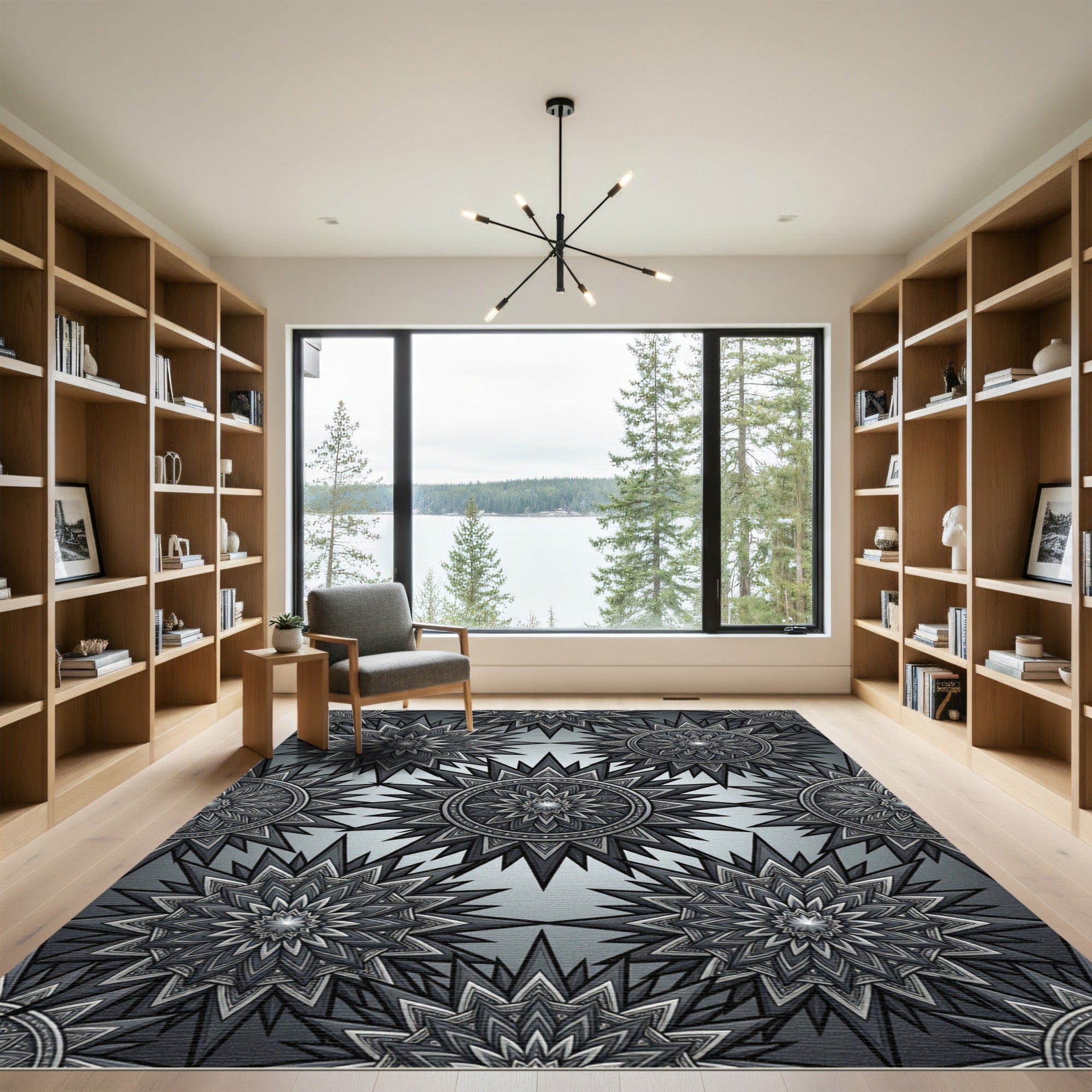Monochromatic Celestial Starburst Geometric Tile Rug