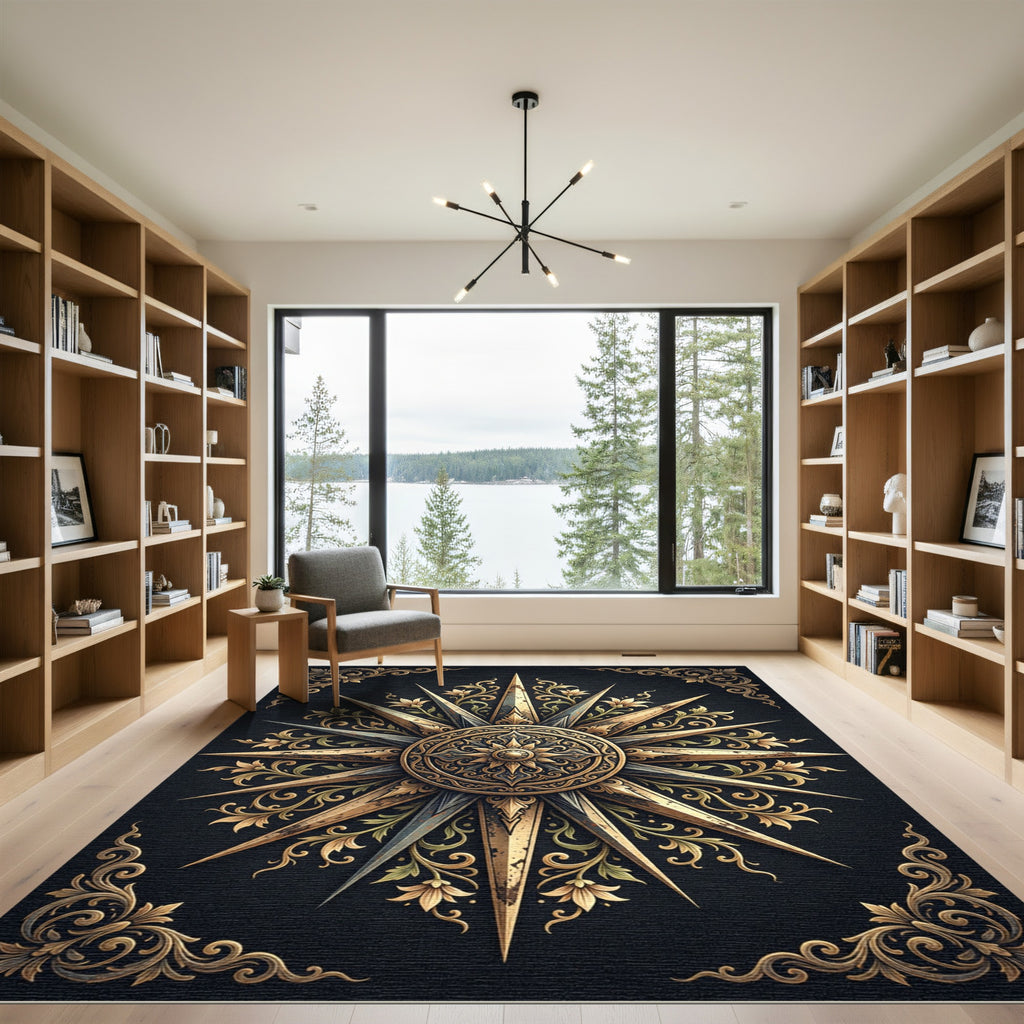 Gold Ornate Floral Compass Medallion Rug