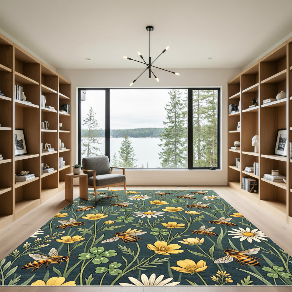 Golden Bumblebee and Wildflower Botanical Meadow Rug