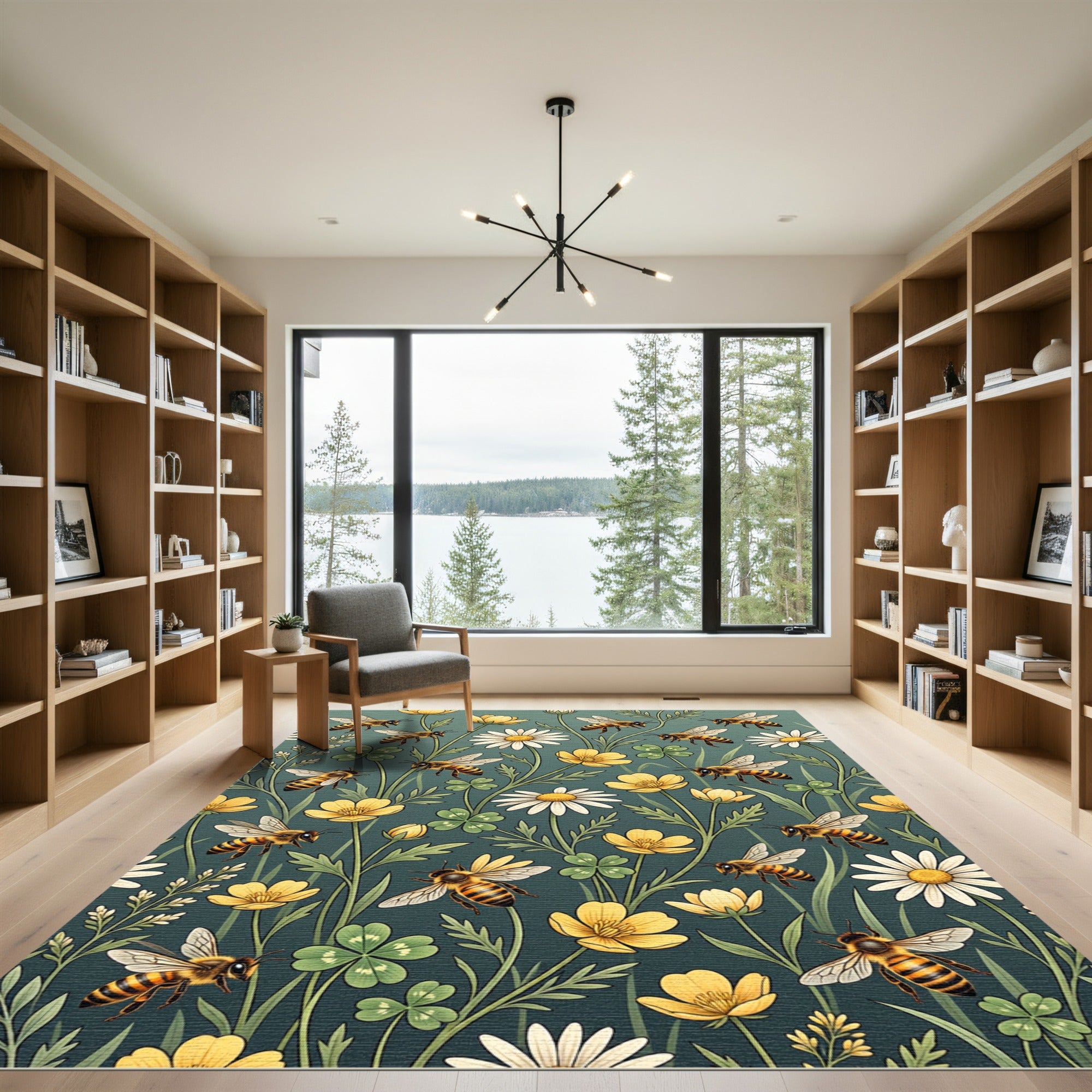 Golden Bumblebee and Wildflower Botanical Meadow Rug
