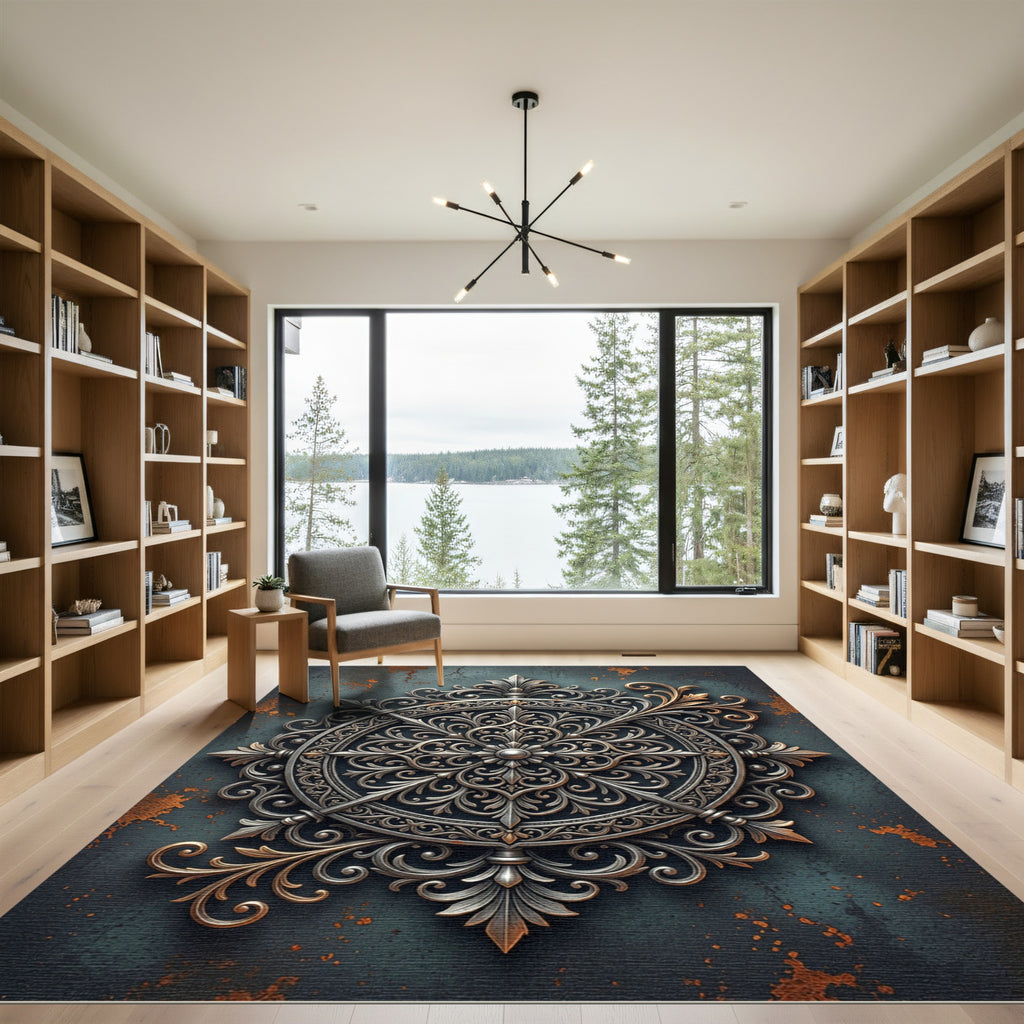 Ornate Silver Floral Medallion Rug