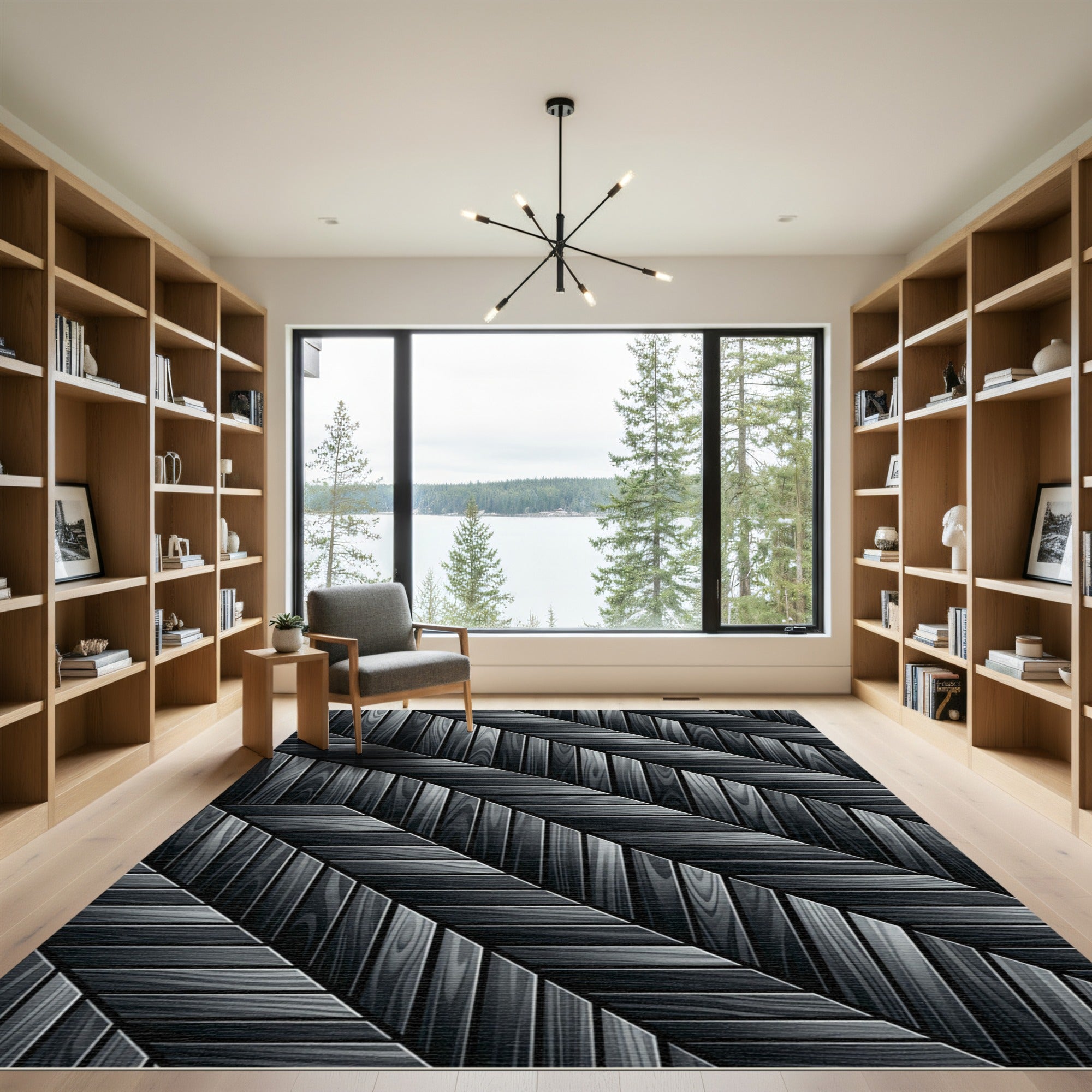 Modern Monochrome Herringbone Wood Grain Rug