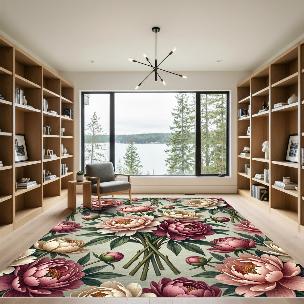 Elegant Rose Peony Watercolor Bouquet Rug